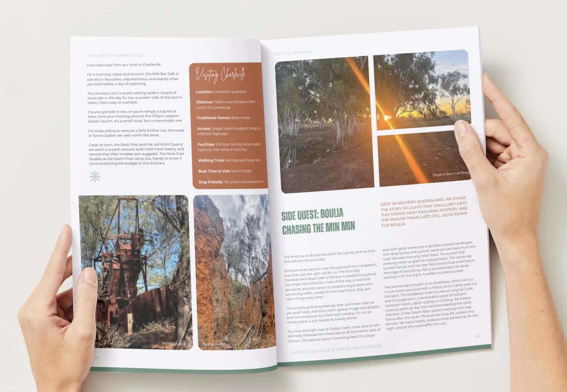Off the Main Road Magazine spread showing A Few Days In Charleville and Side Quest Boulia, Chasing the Min Min