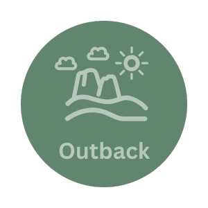 Icon of mountains, clouds, and sun with the word 'Outback' beneath, representing a remote outdoor area.