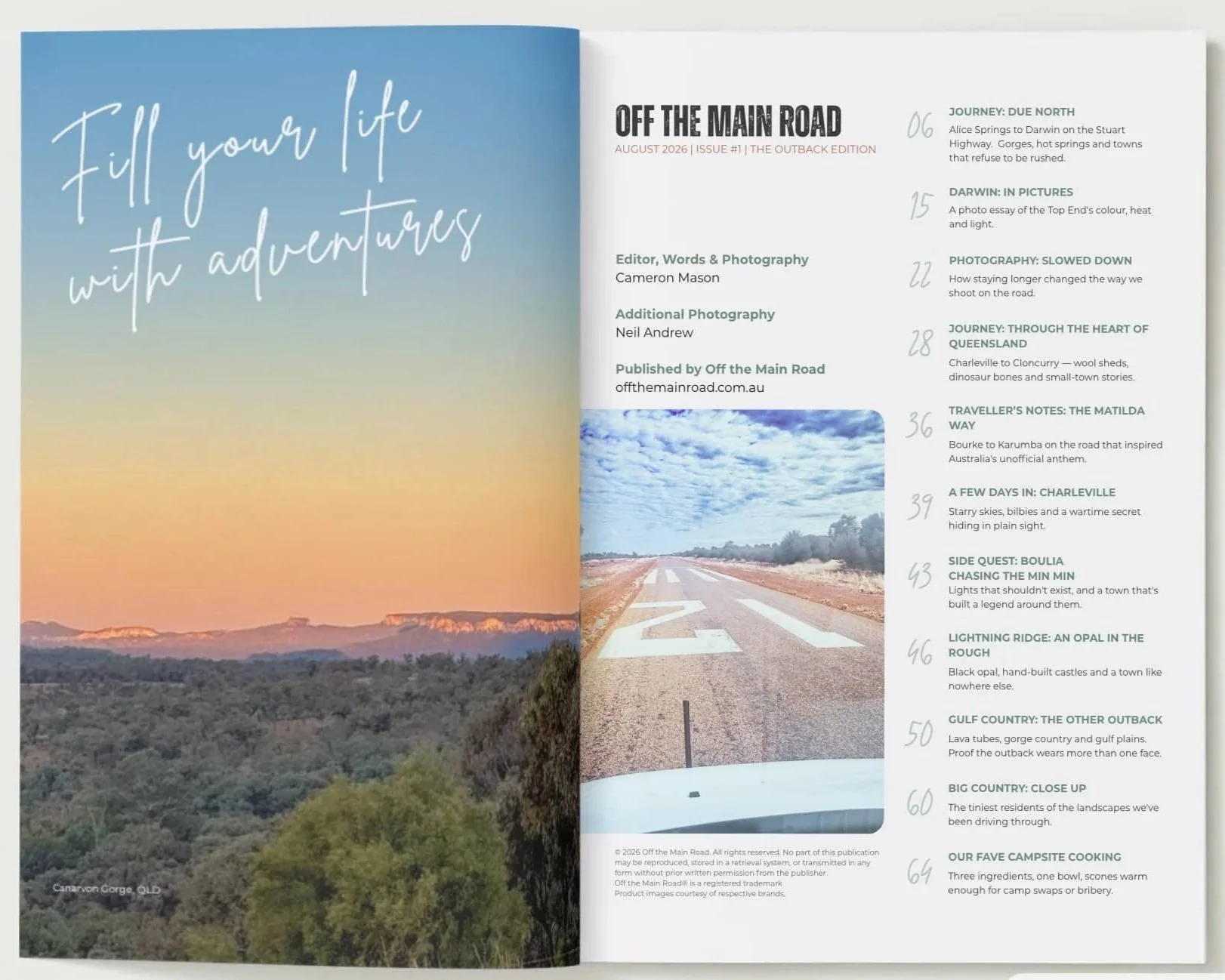Off the Main Road Magazine opening spread, Outback Edition table of contents and masthead