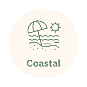 Beach scene with umbrella and sun, labeled 'Coastal'.