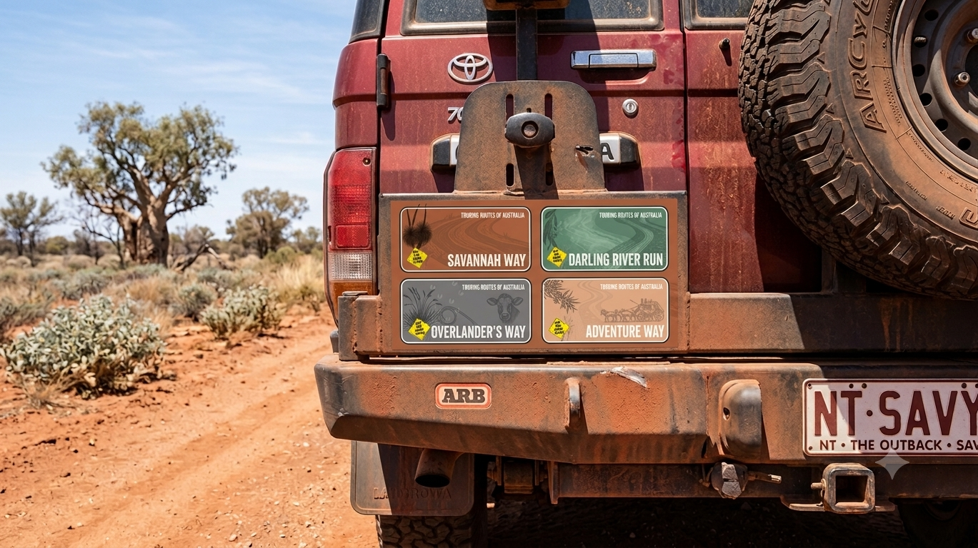 A set of Off The Main Road Touring Routes Stickers on rear of 4WD (Copy)