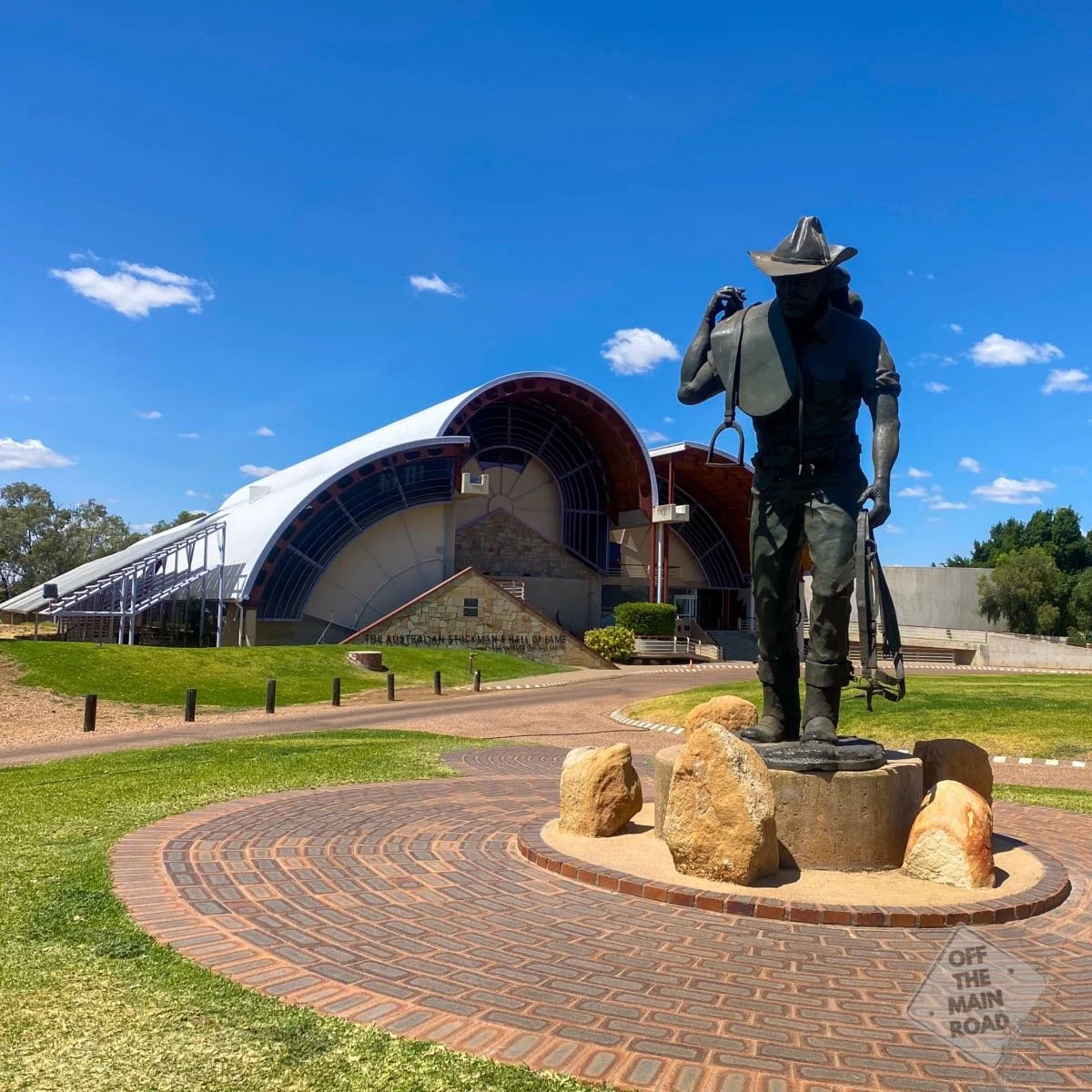 Bronze stockman statue overlooking the Australian Stockman's Hall of Fame building in Longreach, Queensland