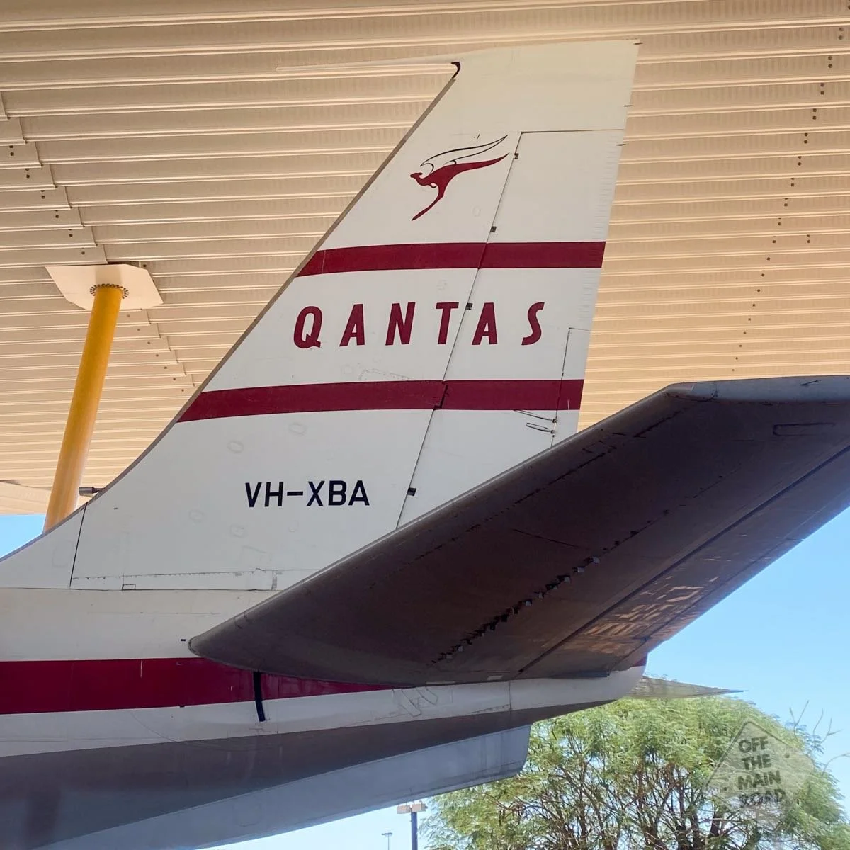 Tail fin of a retired Qantas aircraft on display at the Qantas Founders Museum, Longreach
