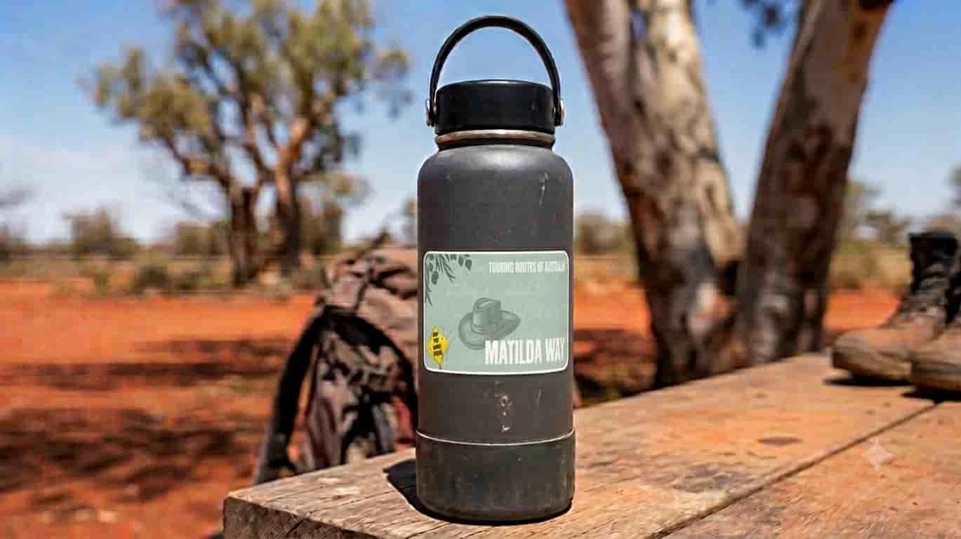 Drink Bottle, sitting on a table in the Australian Ooutback with Matilda Way sticker adhered to it
