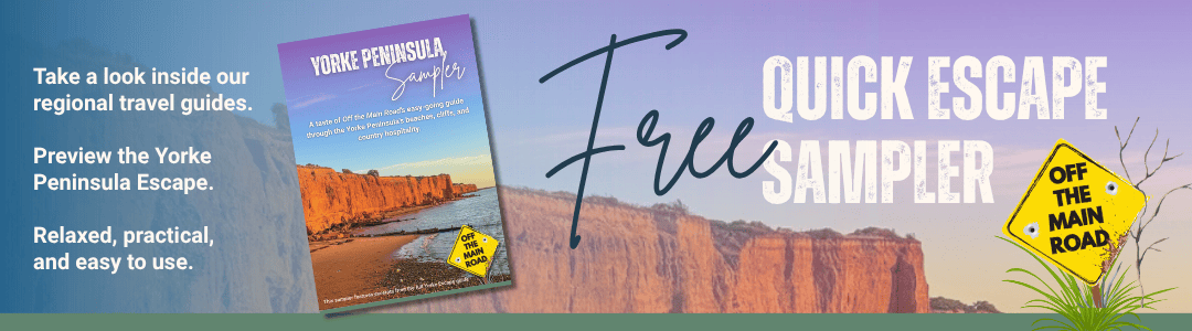 Promotional graphic for the Yorke Peninsula Sampler travel guide, featuring a landscape photo of cliffs and ocean, and text promoting regional travel, quick escape, and off-the-main-road adventures.