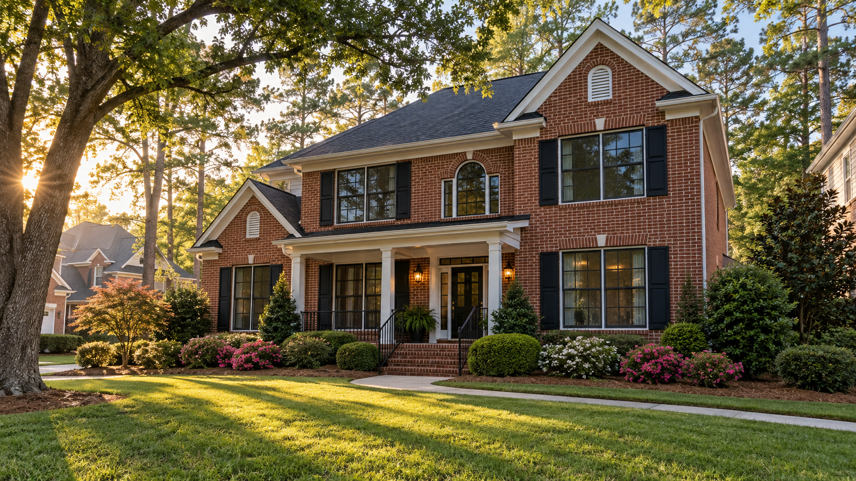 AI illustration of an Atlanta-style brick home with tinted windows and mature trees.