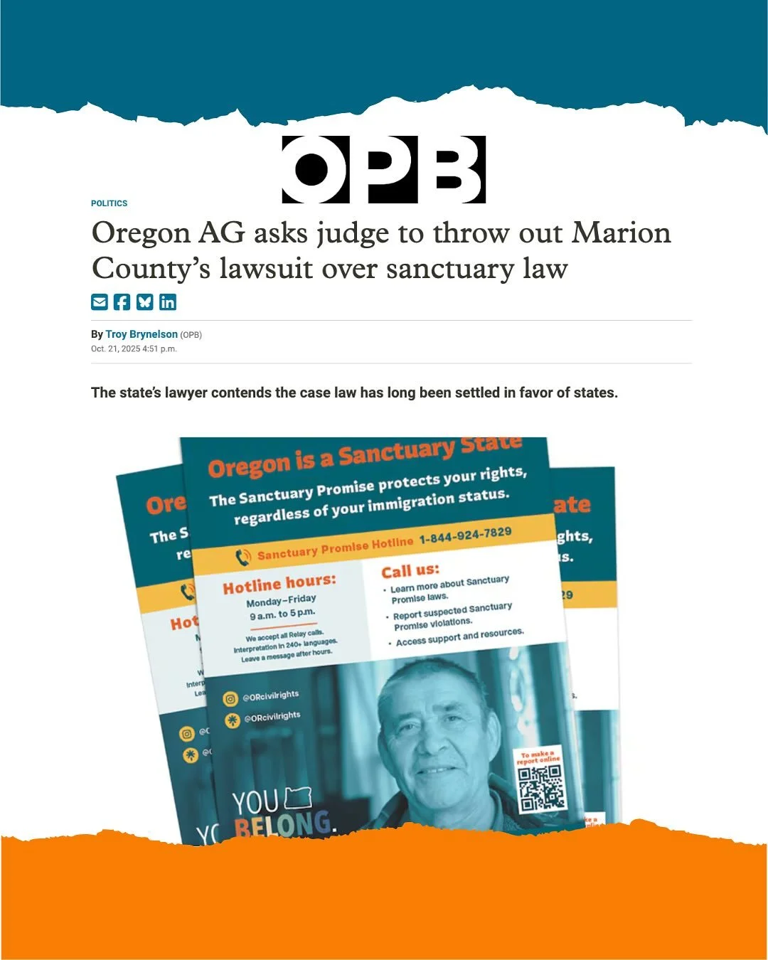 📰 Oregon&rsquo;s Attorney General Defends Oregon&rsquo;s Anti-Racial Profiling Law

Oregon&rsquo;s Attorney General asked a Marion County judge to dismiss a lawsuit challenging Oregon&rsquo;s sanctuary law, reaffirming that Oregon is and remains a s