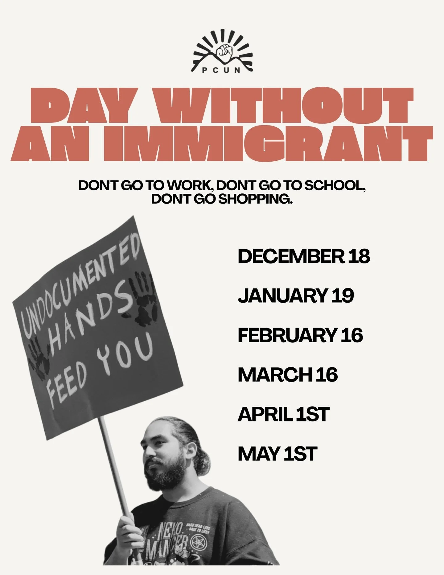 Immigrants are the backbone of our economy. It&rsquo;s time to come together this Thursday and monthly until May Day for economic boycotts. Attend or plan an event in your community in support our immigrant communities and protest ICE. 
RSVP. https:/