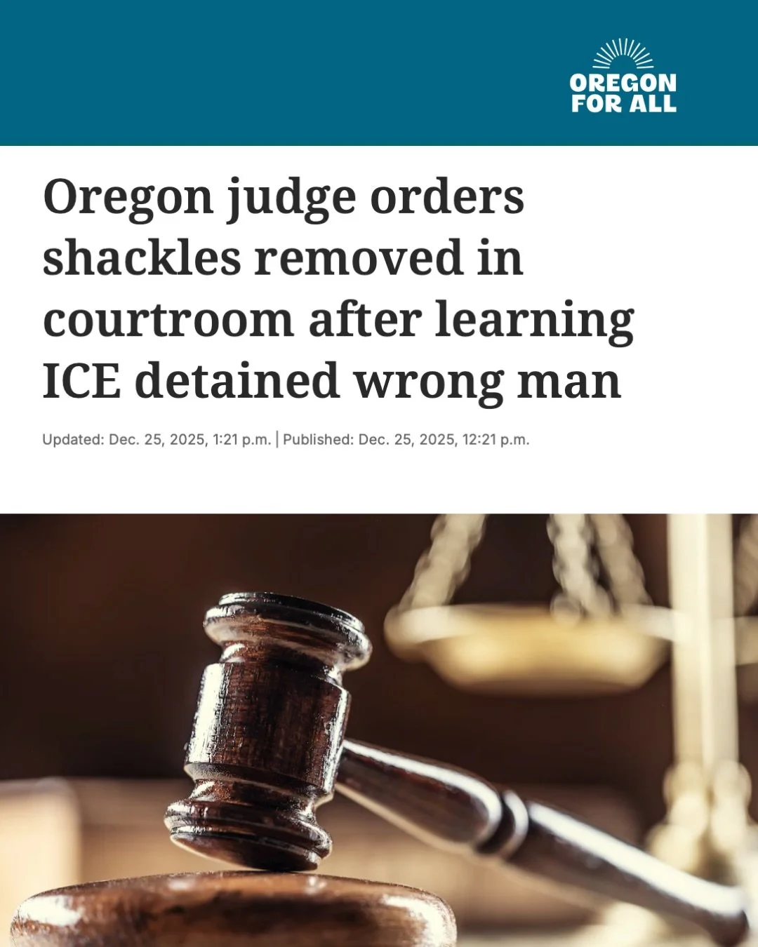 The Oregonian reported on yet another example of Immigration and Customs Enforcement operating outside the laws of our country. We must stop the lawlessness of Trump's secret police force. 

We are relieved that Mr. Medina is home with his family. Th