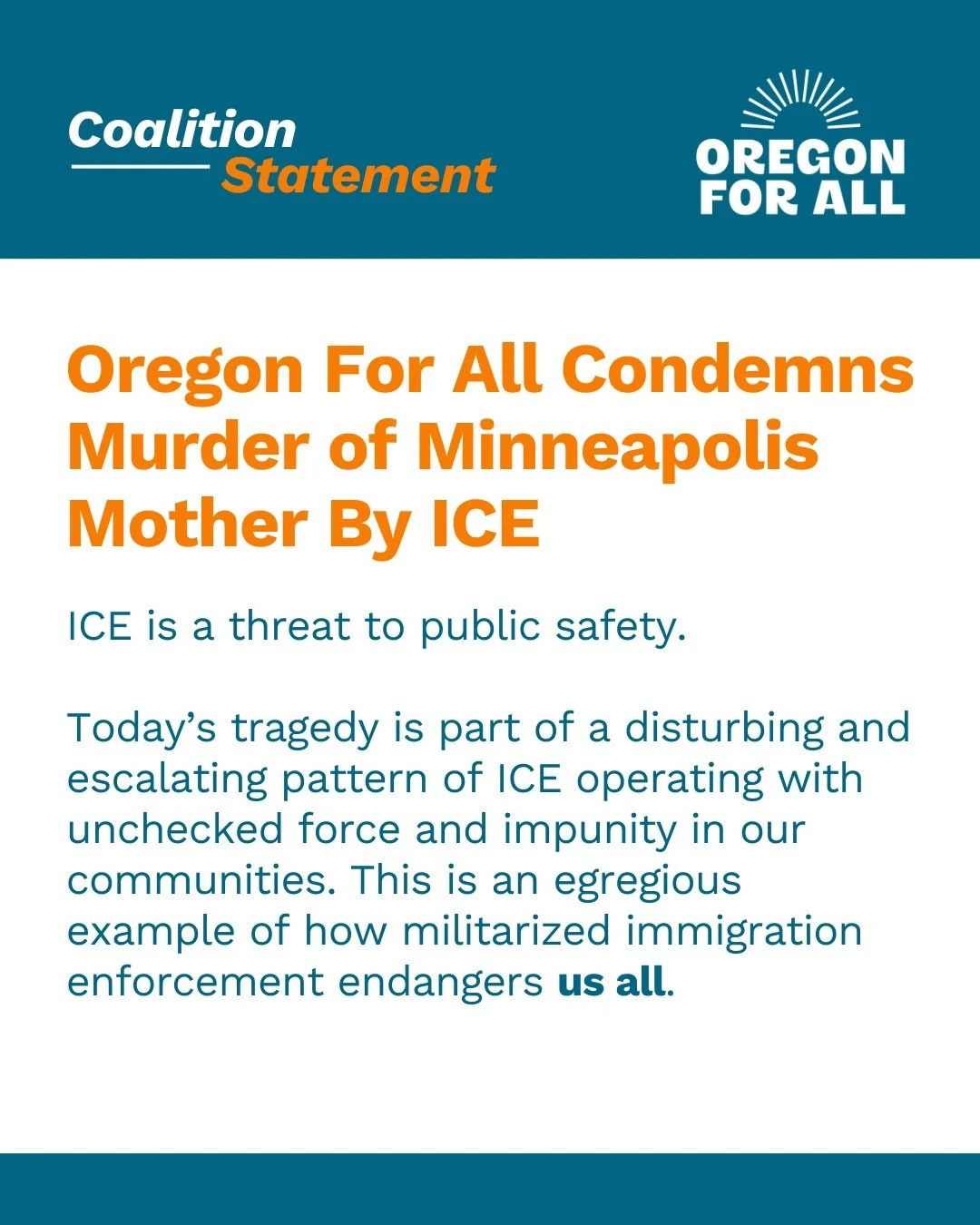 Today&rsquo;s tragedy in Minneapolis is part of a disturbing and escalating pattern of ICE operating with unchecked force and impunity in our communities. This is an egregious example of how militarized immigration enforcement endangers us all. 

Lo 