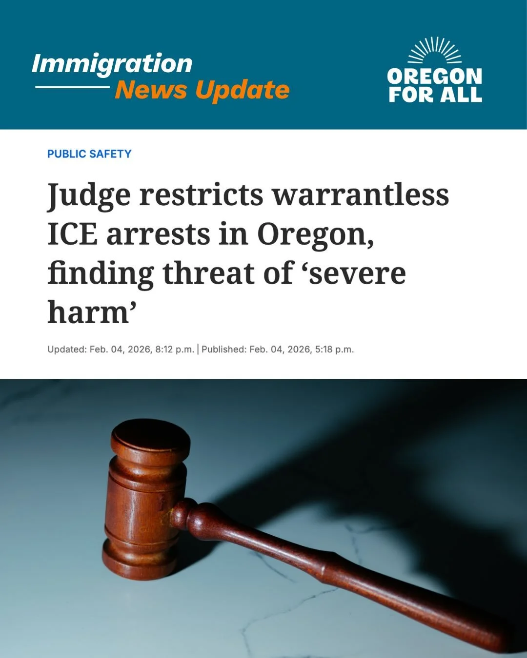 Yesterday, a federal judge ordered ICE to stop warrantless arrests in Oregon, rejecting ICE&rsquo;s dangerous and unlawful &ldquo;arrest first, justify later&rdquo; practice and confirming what we&rsquo;ve always known: due process matters.&nbsp;

We