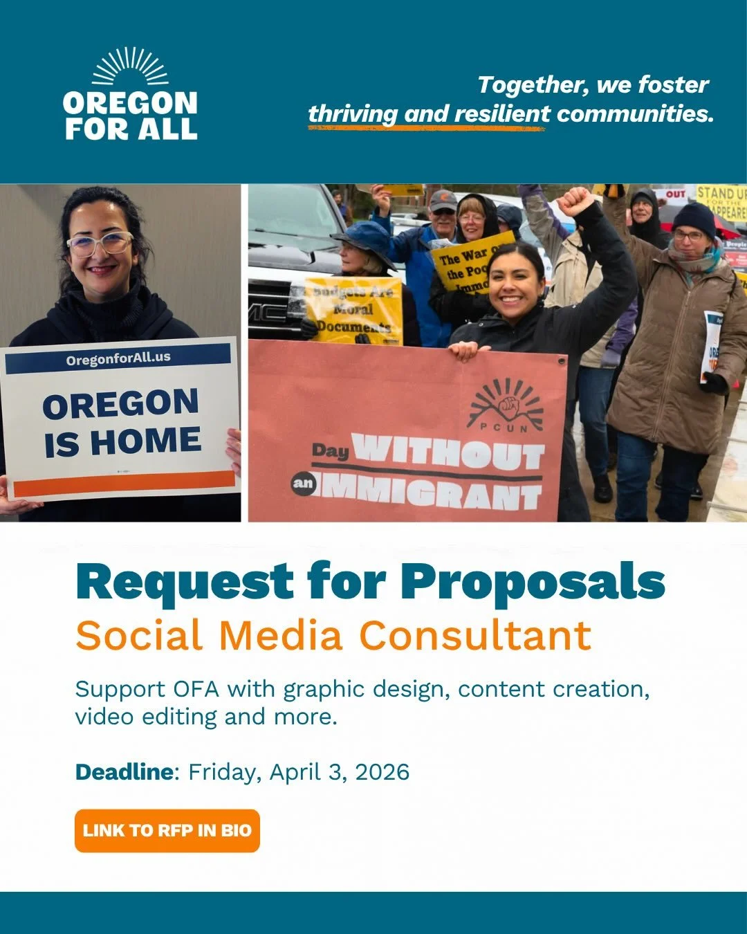 Join our movement! Oregon for All is seeking a Social Media Consultant to support daily tasks, including graphic design, content creation, video editing and others, in order to engage the Coalition&rsquo;s base of supporters.&nbsp;

&iexcl;S&uacute;m