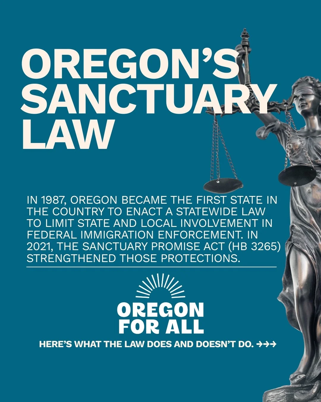 What does Oregon&rsquo;s Sanctuary Law mean? 

Oregon's sanctuary law places limits on state and local involvement with federal immigration enforcement. It helps ensure that our state and local resources are focused on serving our communities and not