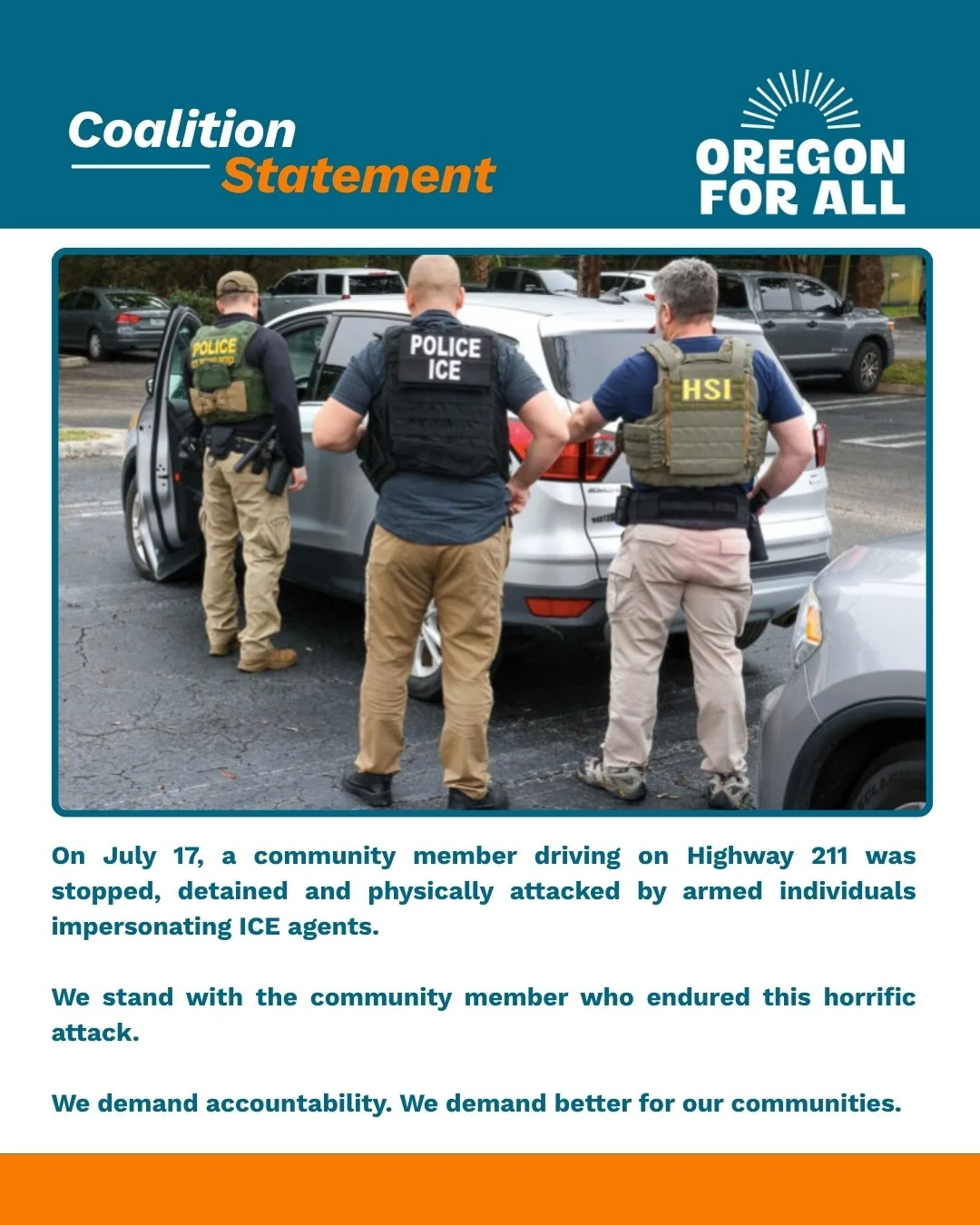 ICE is terrorizing our communities &ndash; and now armed individuals impersonating ICE agents are following their lead. ICE out of Oregon NOW!

------------------------------------------

ICE est&aacute; aterrorizando a nuestras comunidades. Y ahora,