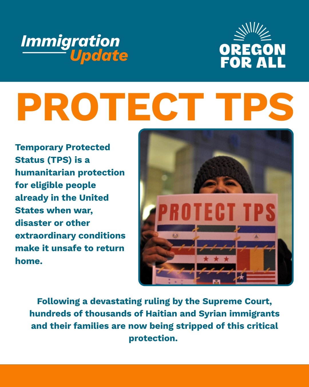 Today, 350,000 Haitian immigrants and 6,000 Syrians immigrants are bracing as the government strips them of TPS. 

These are our family members, our neighbors, our coworkers, and friends. Congress must act NOW. 

#ProtectTPS

------------------------