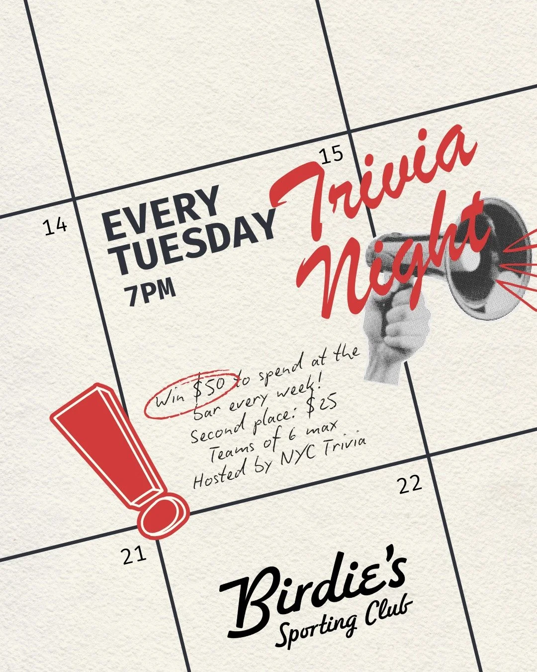 Weekly Trivia has moved to Tuesday Nights! ✏️ 🤓 
Starting every Tuesday at 7pm 

Win $50 for first place to use at the bar &amp; restaurant. 
Second Place: $25 gift card
Third Place: Shots for the team

(Trivia is a similar style of questions to Tri