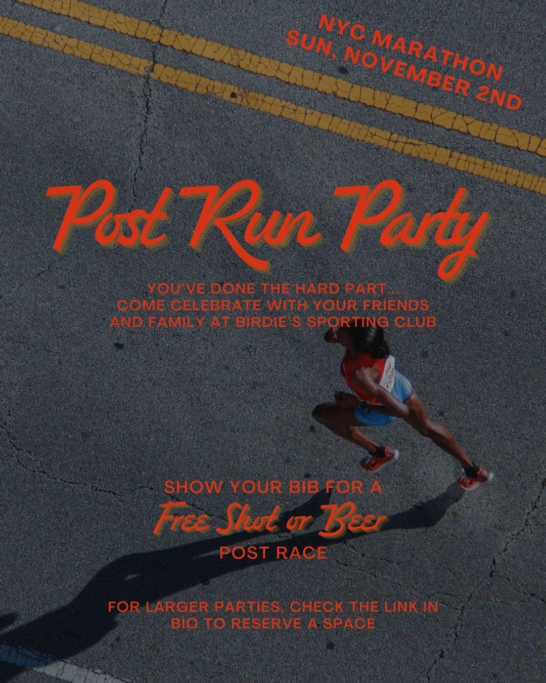 You're insane for running 26.2 miles, but we love you anyway! ♥️ 🏃 Come grab a beer and celebrate with your friends and family after the race! 🍻 🍔  You earned it!!!! If you've got your bib (or any other marathon proof) you'll get a free sho