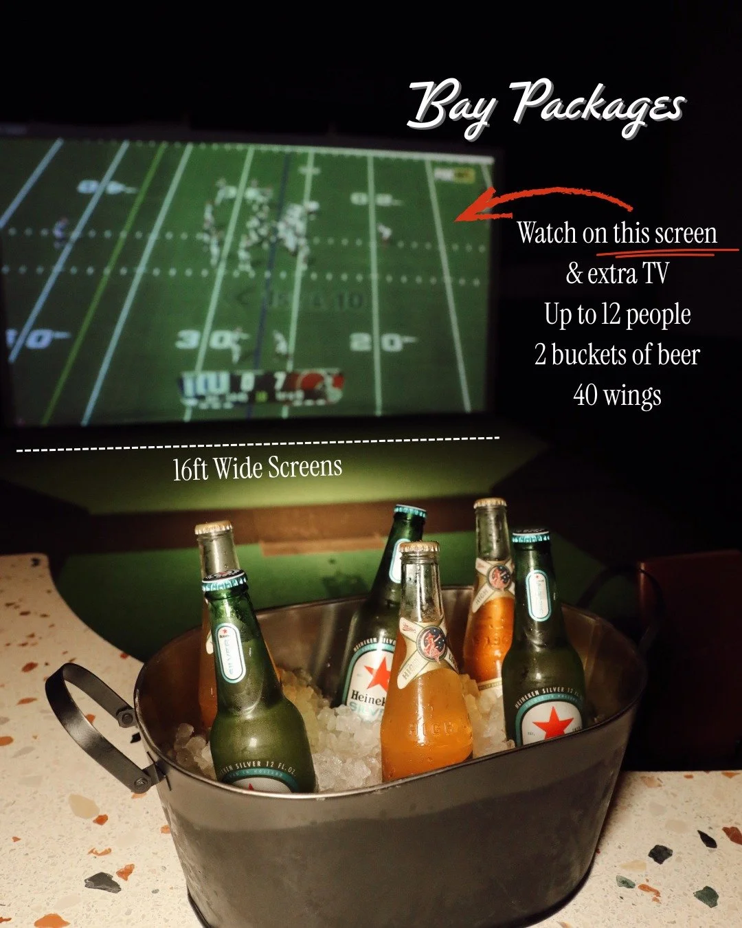 Grab your friends and watch the game on our 16ft wide screens! 🏈 🍻  Keep reading for more deets....

🏈 Football packages for 3.5 Hours ($430)
🏀 🏒 ⚾  Basketball/Hockey/Baseball packages for 2.5 Hours ($340)
⚽ Soccer packages for 2 Hours ($295) 

