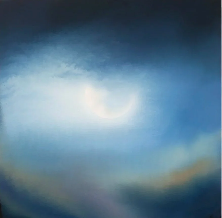 A painting of a cloudy sky with a crescent moon and a faint rainbow.