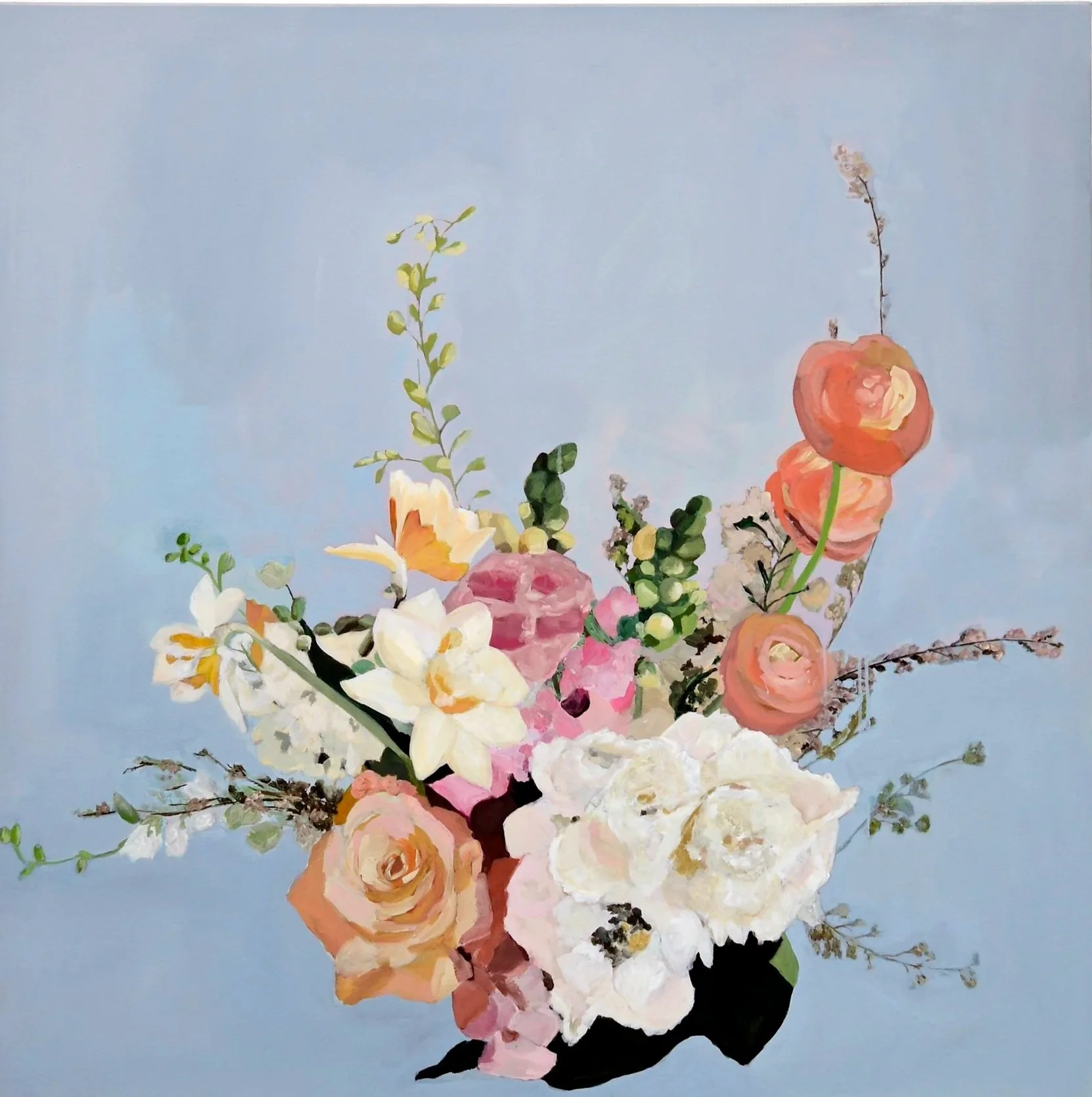 A painting of a flower bouquet with roses, peonies, and other flowers in shades of white, pink, and orange, against a light blue background.
