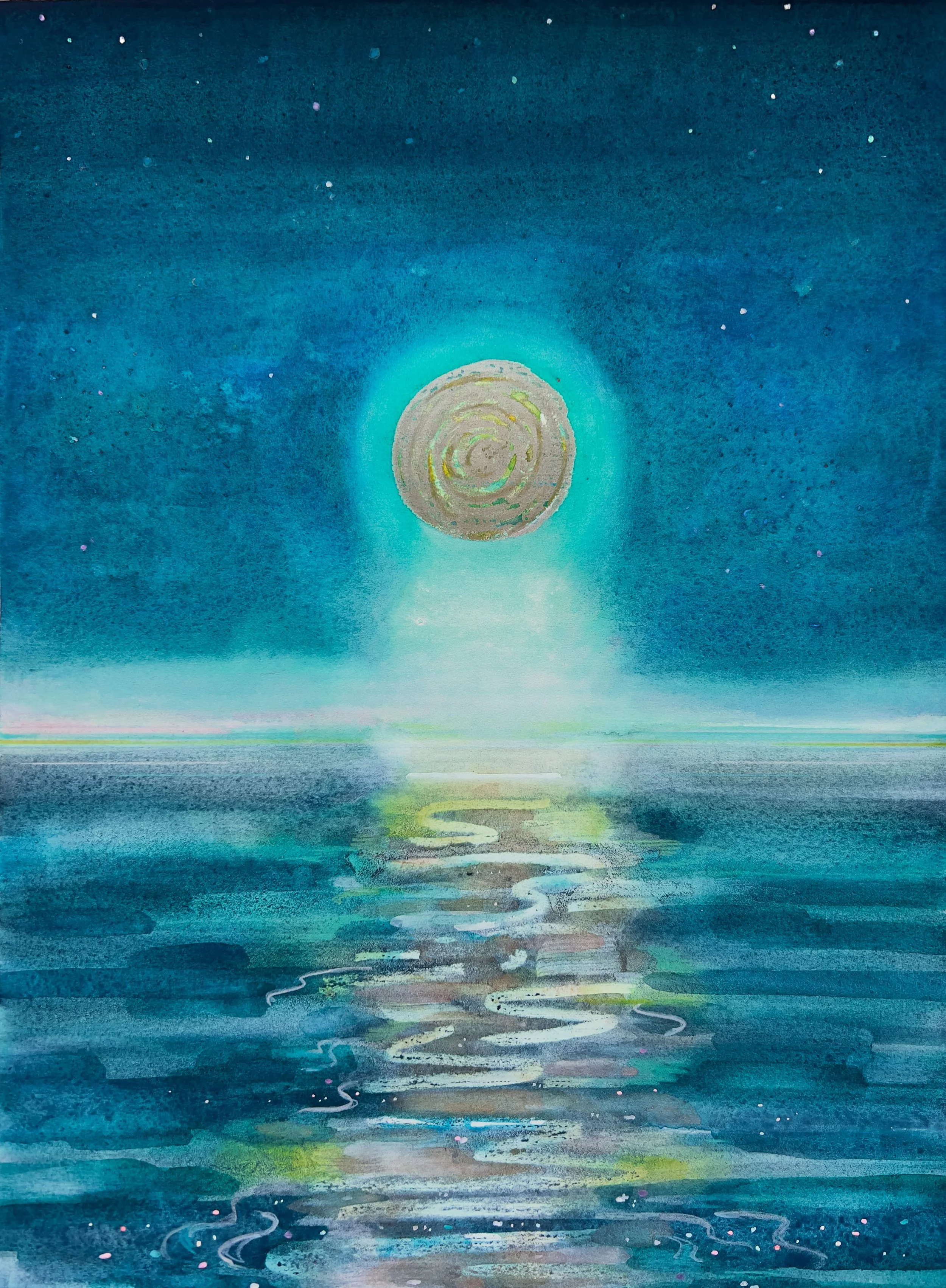 A watercolor painting of a luminous moon over a calm body of water, with reflections and abstract light streaks