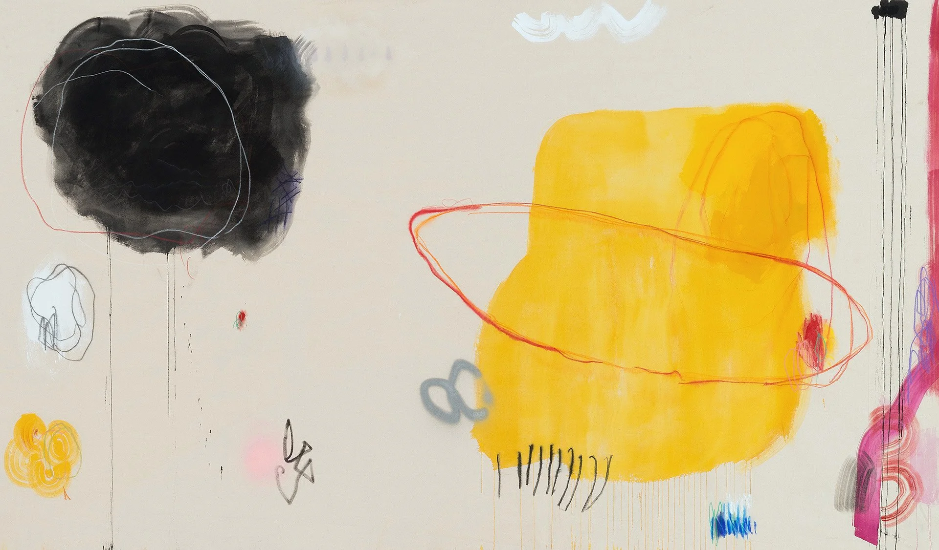An abstract artwork with a large black cloud-like shape, a yellow rectangle, and various scribbles and lines in different colors, including red, purple, black, and blue.