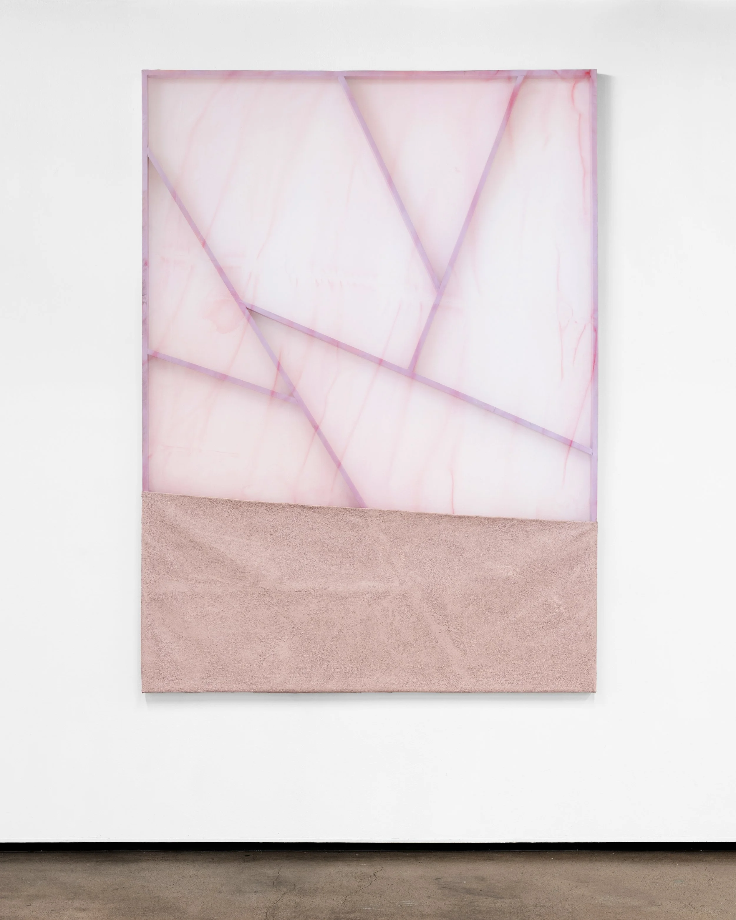 Art installation with a pink and white marble pattern and purple geometric lines, mounted on a white wall above a concrete floor.