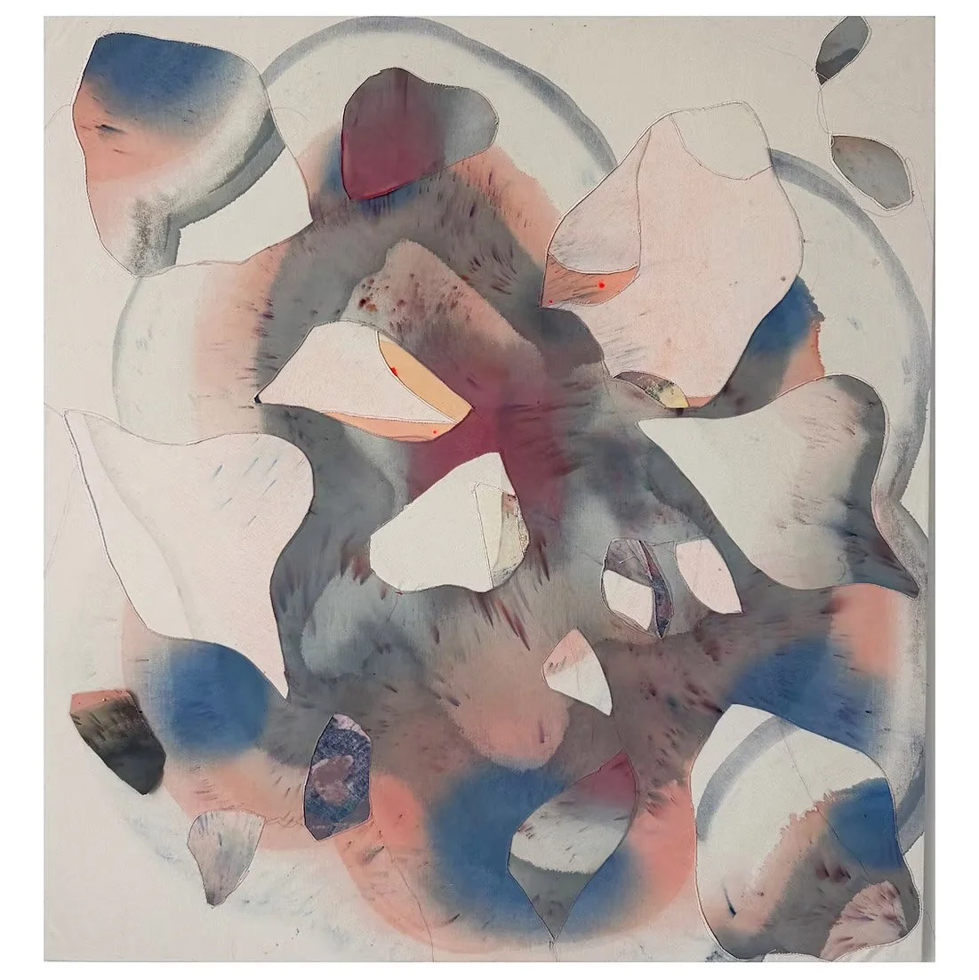 Abstract watercolor painting with organic shapes and muted colors, including shades of blue, gray, pink, and peach, creating an impression of layered, flowing forms.