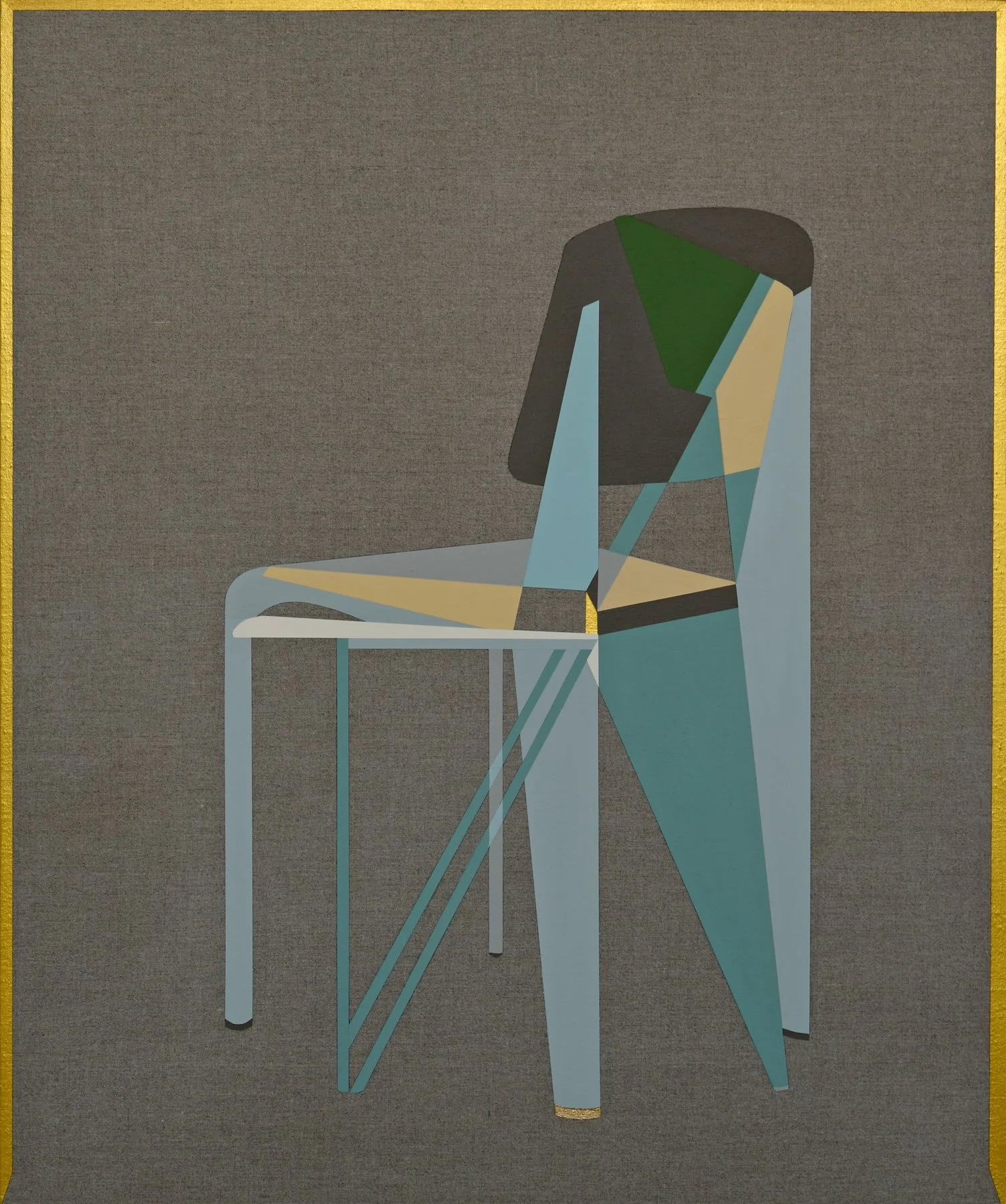 Abstract geometric artwork of a stylized chair with a brown backrest, yellow seat, and light blue legs, set against a textured gray background with a yellow border.