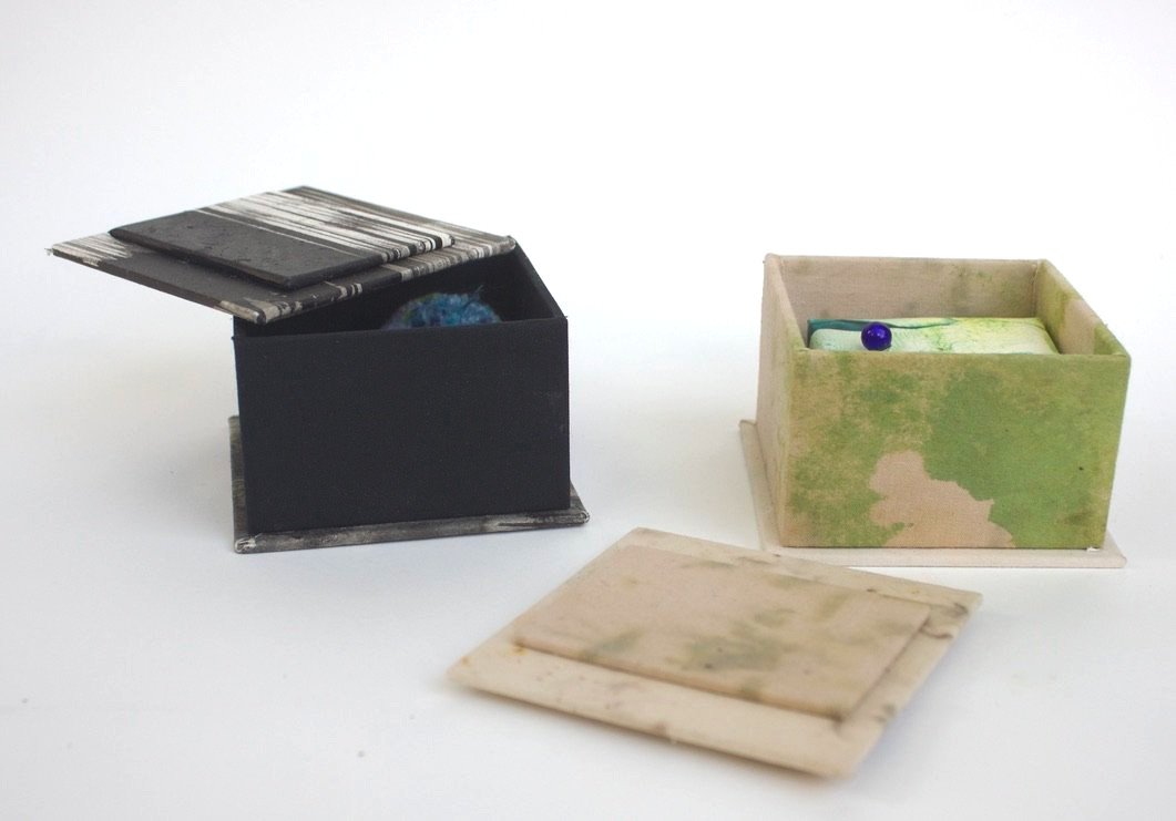 Scrap Boxes, 2022. Various papers and fabrics printed and dyed by the artist.