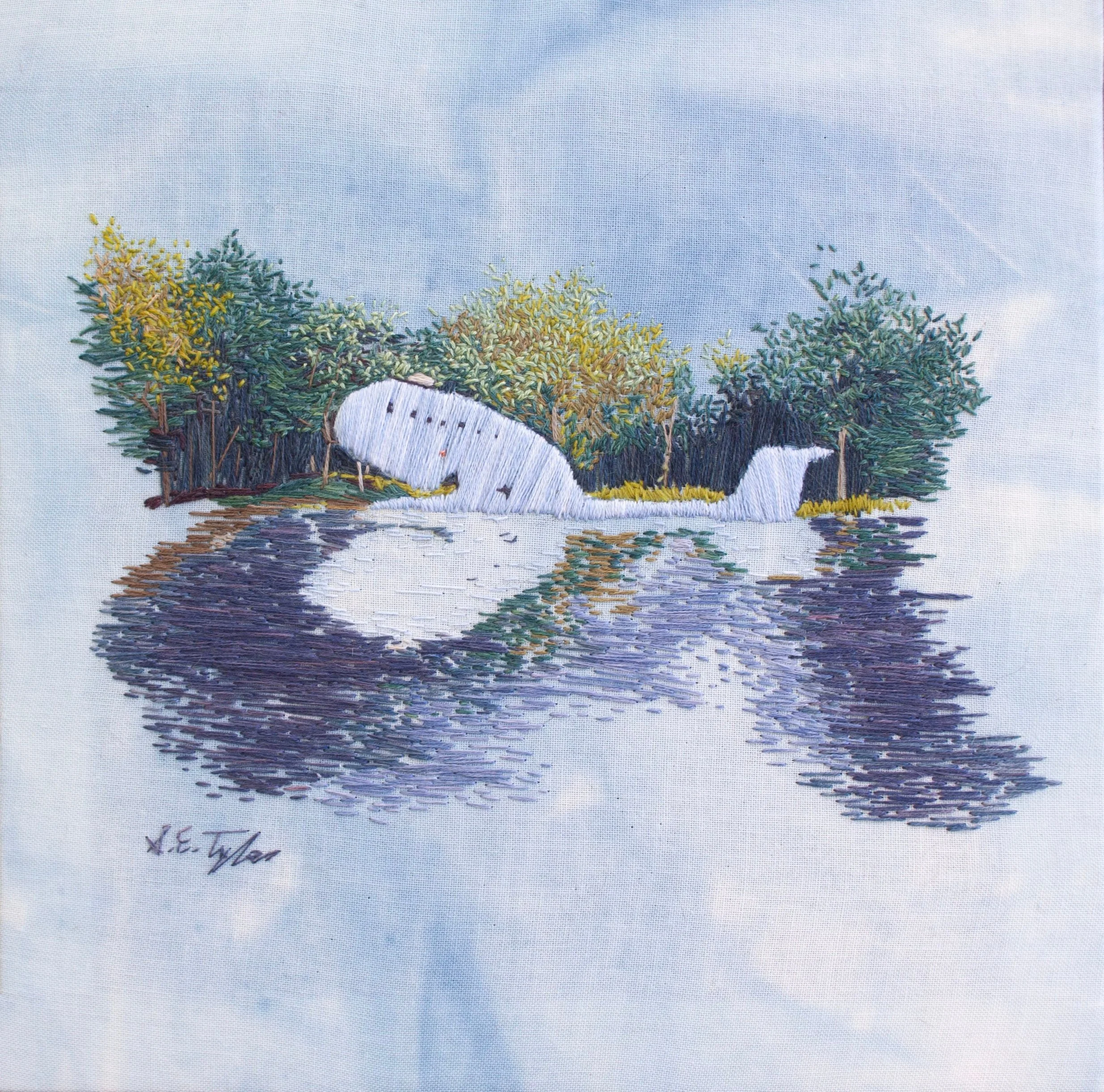 "Blue Whale: Catoosa", 2025, Cotton fabric, cotton and wool embroidery floss. Natural dyes including: weld, indigo, madder, iron modifiers, 8" x 8" x .5"