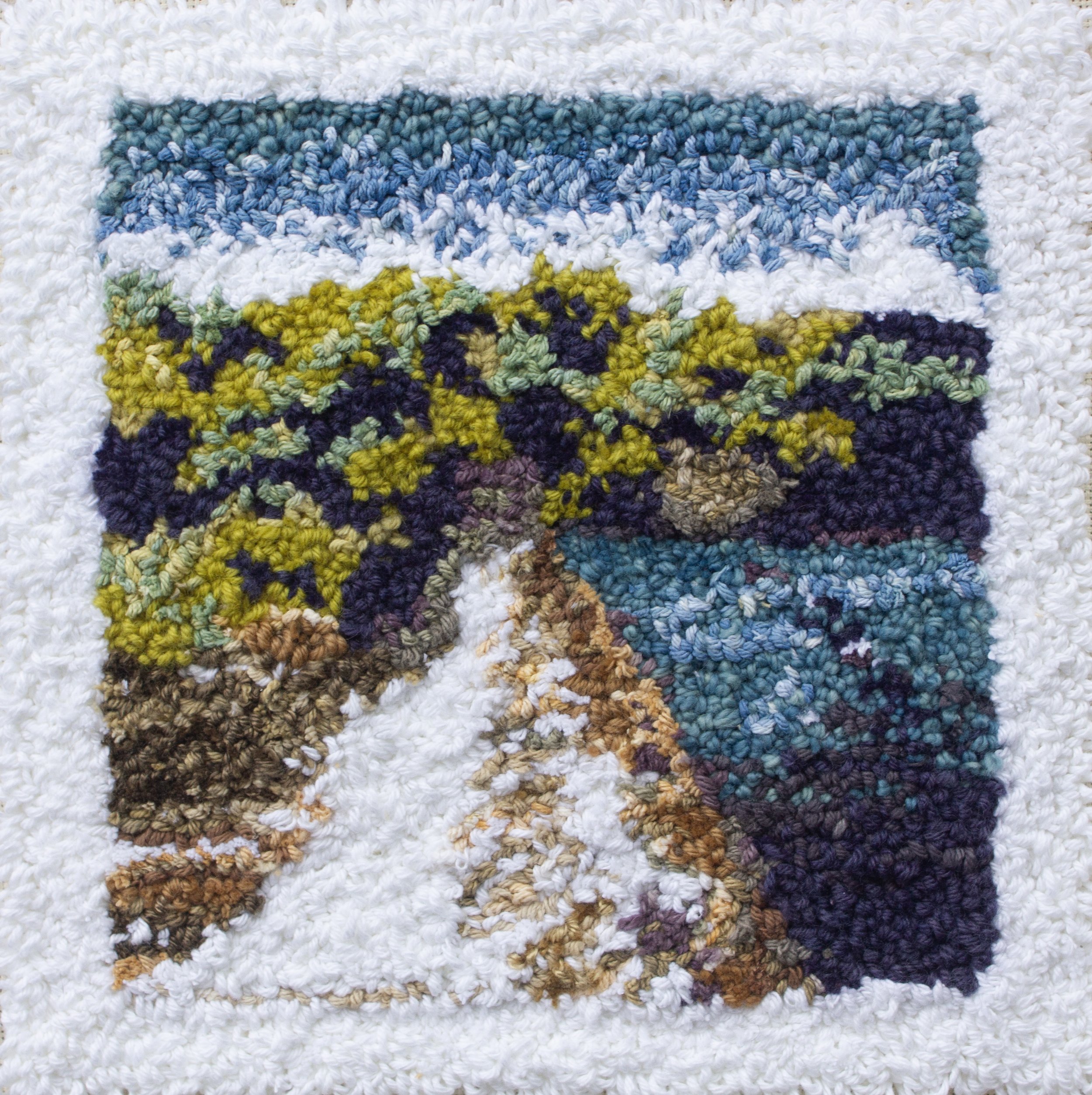 "Spavinaw Dam", cotton fabric, natural dyes, wool, silk and cotton yarn, 2024, 12" x12"