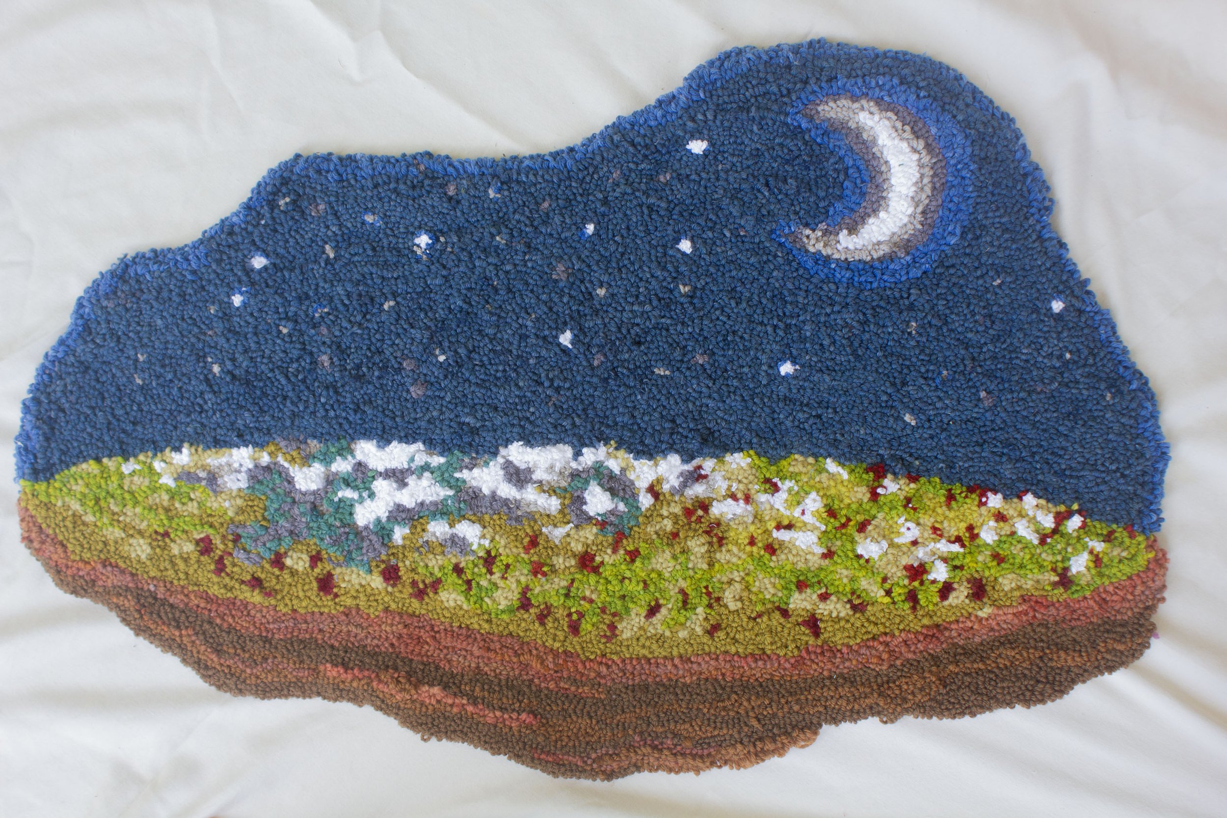 "Imagined landscapes: Fly-Over State," Cotton fabric, wool and cotton yarn. Natural Dyes including indigo, weld, lac, goldenrod, madder, black walnut 29" x 18" x .5", 2025