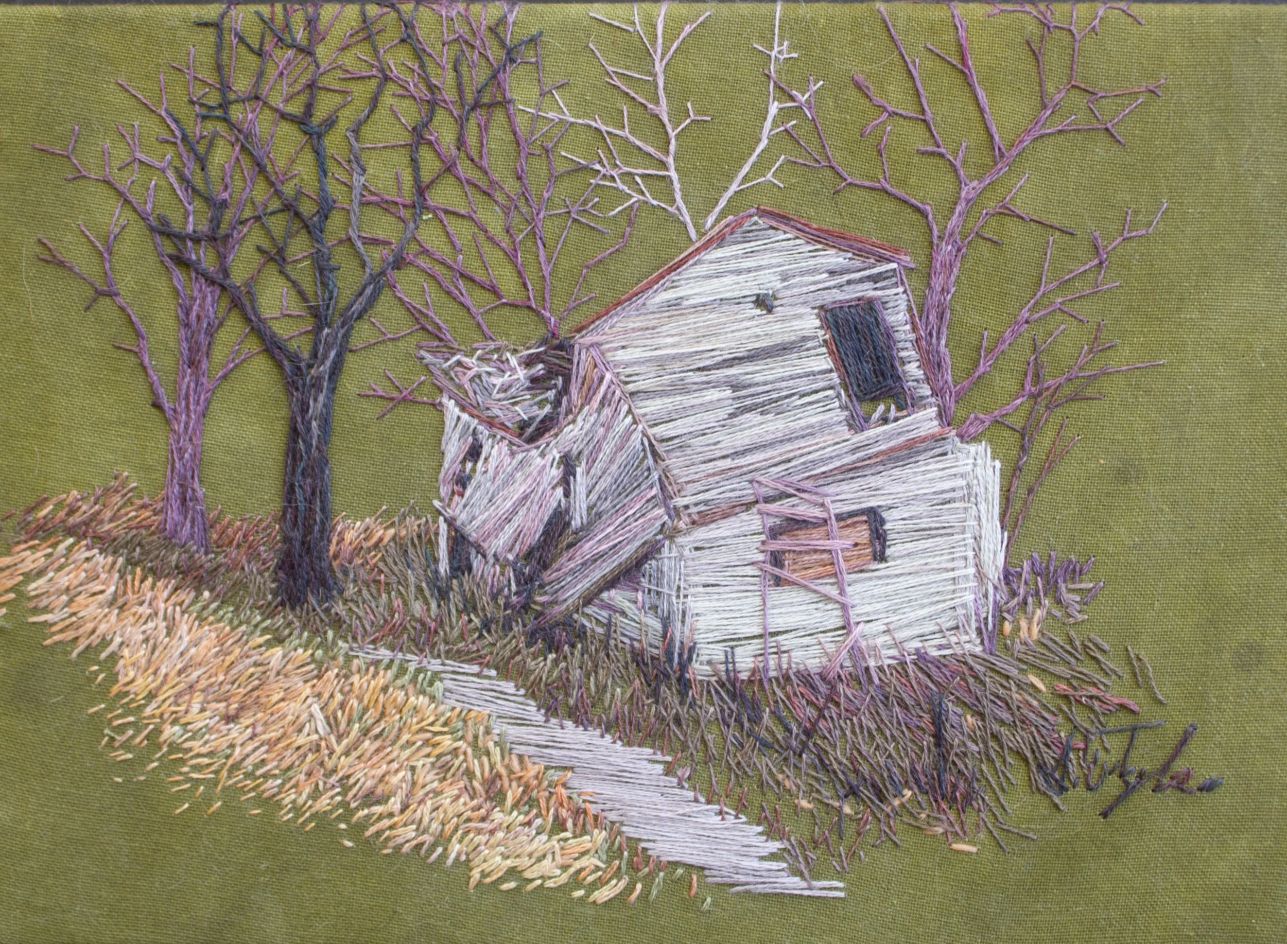 "Ruined Cabin Rental Office #2: Spavinaw", 2025, Cotton fabric, cotton, silk and wool embroidery floss. Natural dyes including: weld, indigo, madder, black walnut, lac, cochineal, gallnut, iron modifiers, 7" x 5" x .5"