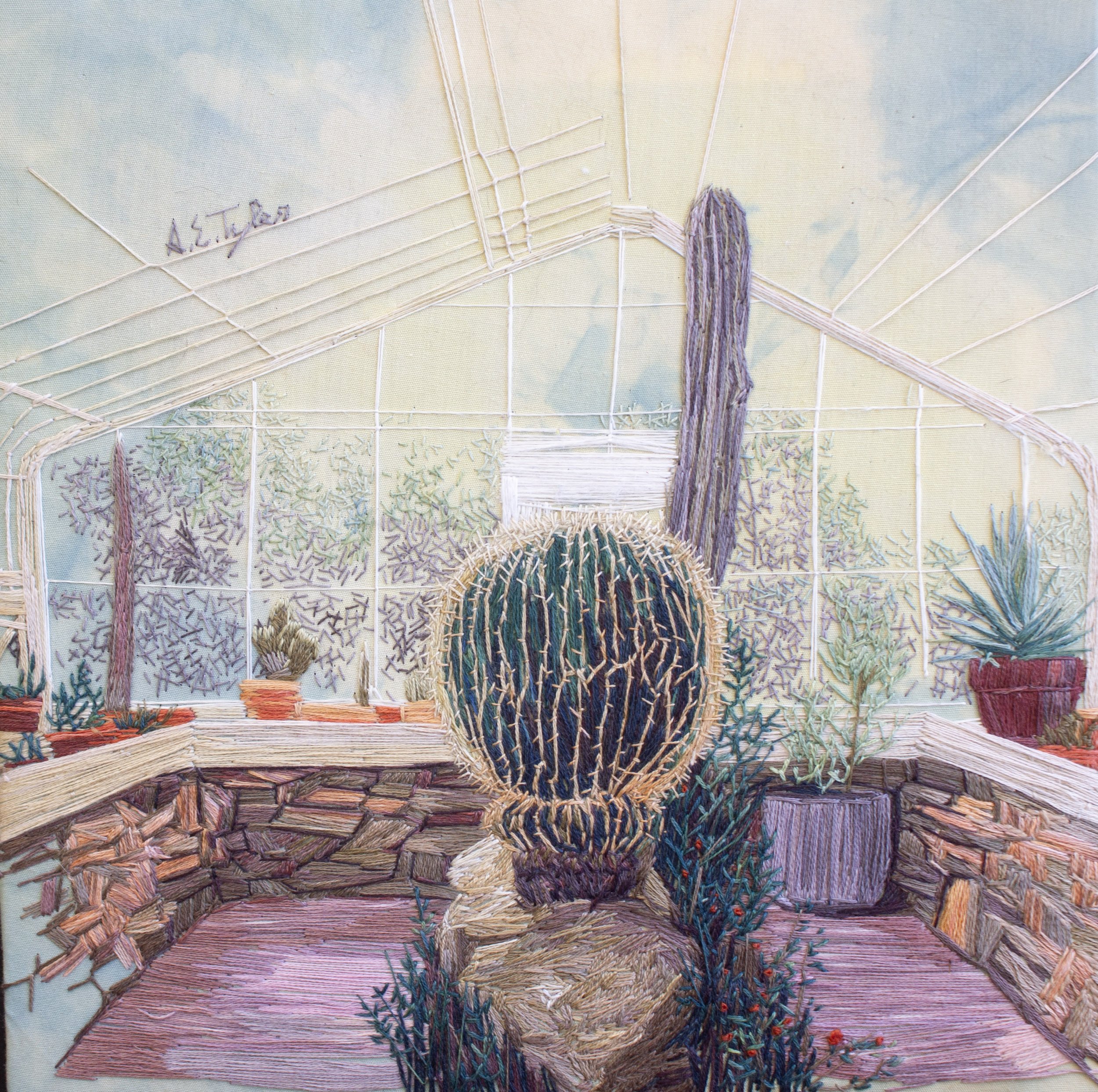 "Garden Center Conservatory: Tulsa", 2025, Cotton fabric, cotton, silk and wool embroidery floss. Natural dyes including: weld, indigo, madder, black walnut, lac, cochineal, gallnut, iron modifiers, 8" x 8" x .5"