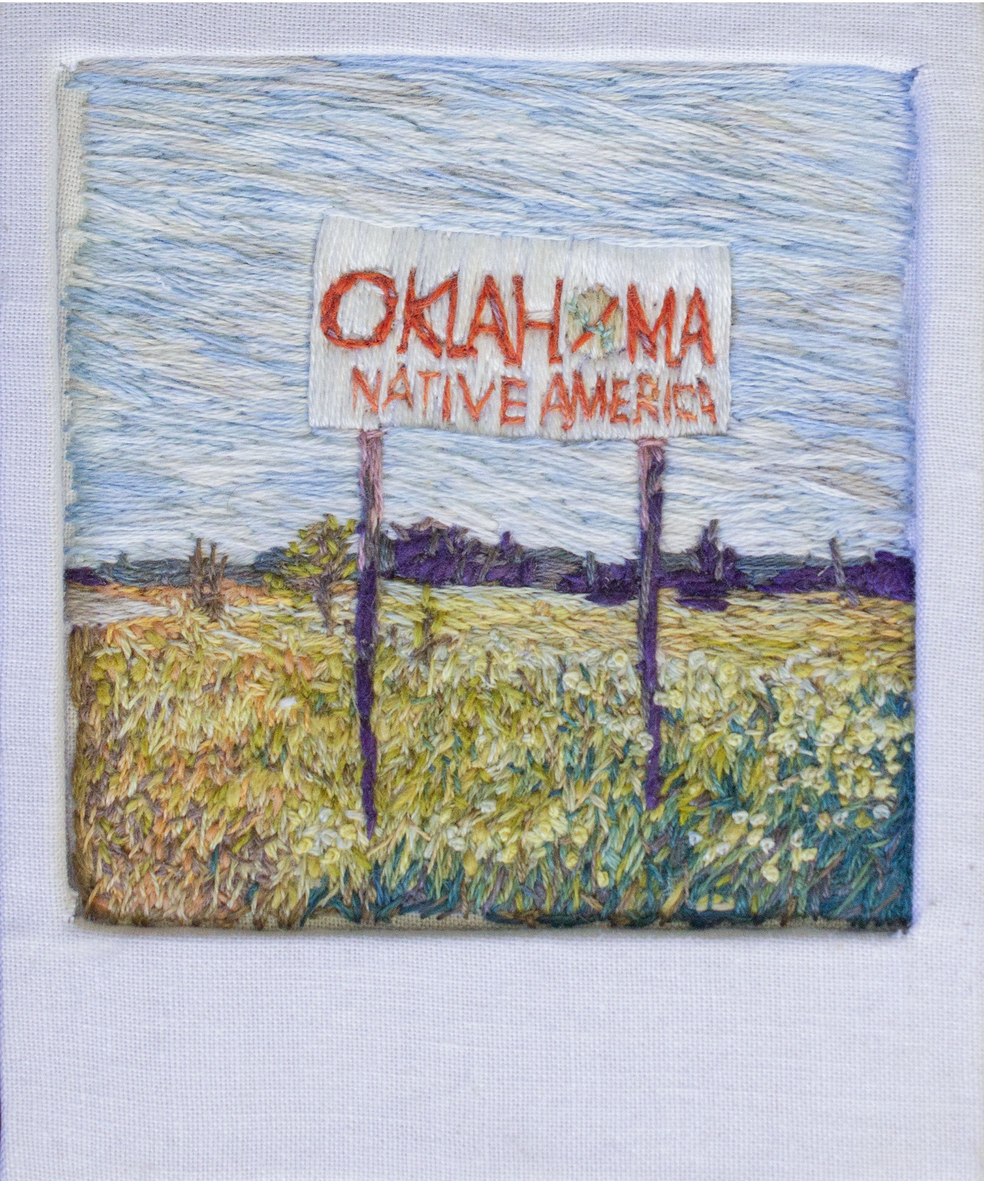 "Old State Sign: Arkansas Border" cotton fabric, natural dyes, wool, silk and cotton embroidery floss, 3" x 4," 2024