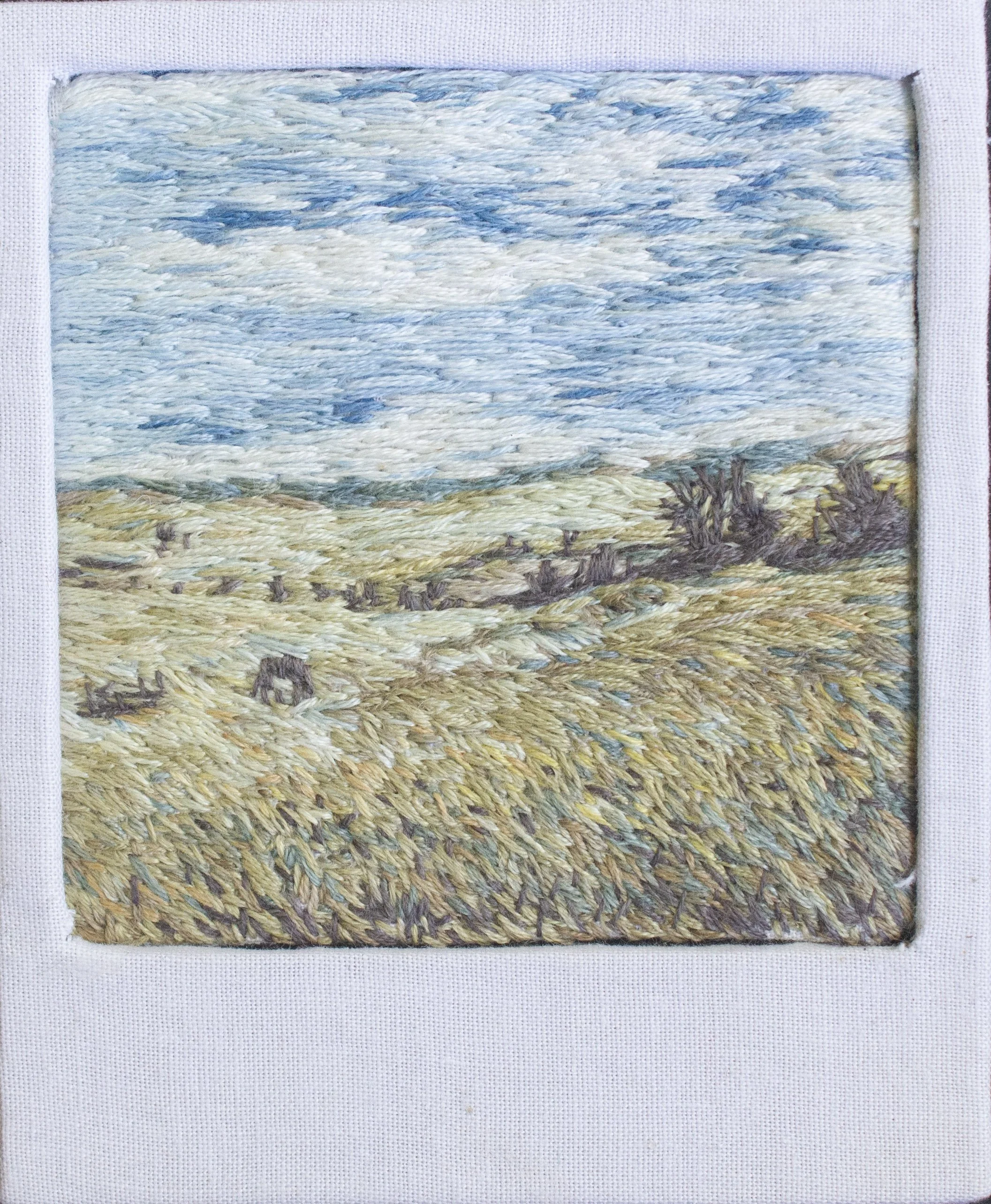 "Field View:Mounds", cotton fabric, natural dyes, wool, silk and cotton embroidery floss, 3" x 4," 2024