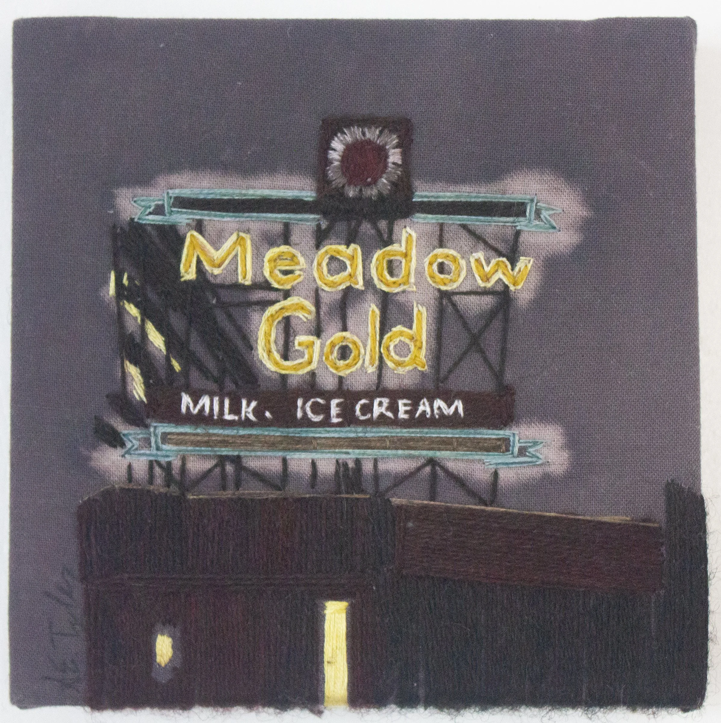 "Meadowgold Sign: Tulsa",  2026, cotton fabric, cotton silk and wool embroidery floss, natural dyes including: lac, weld, goldenrod, Osage Orange, indigo, iron modifiers. 5” x 5”x .5”, 