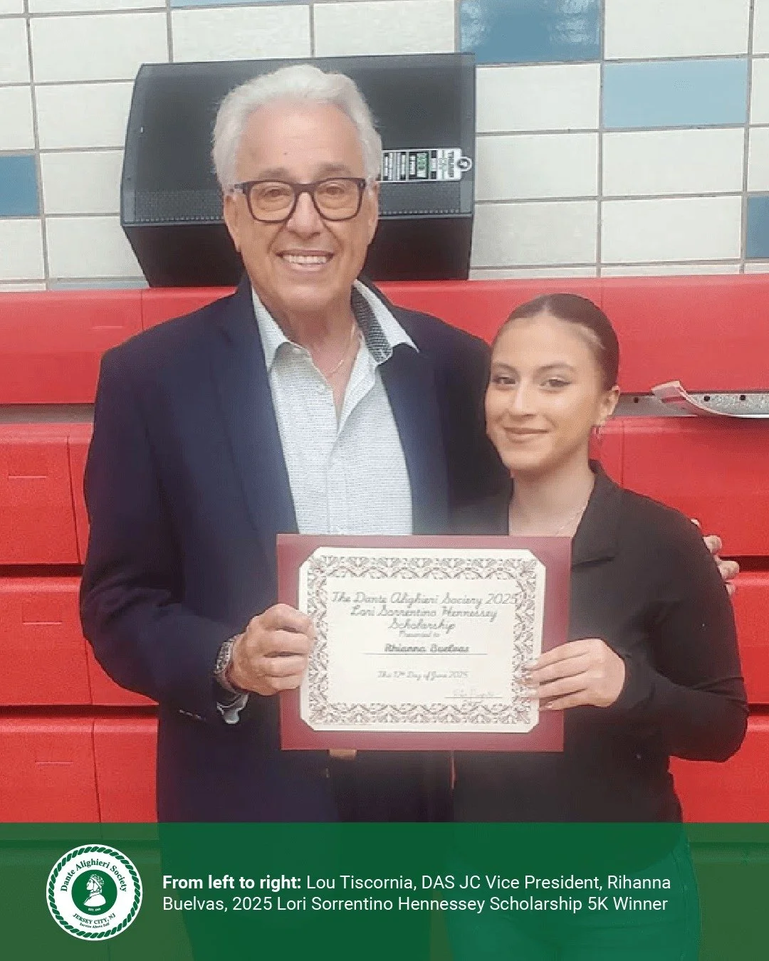 ๐ The Dante Alighieri Society of Jersey City proudly awarded the 2025 Lori Sorrentino-Hennessey Scholarship to Rihanna Buelvas of Hoboken High School at a ceremony held June 12 at HHS. Rihanna received a $5,000 scholarship and will attend Felician U