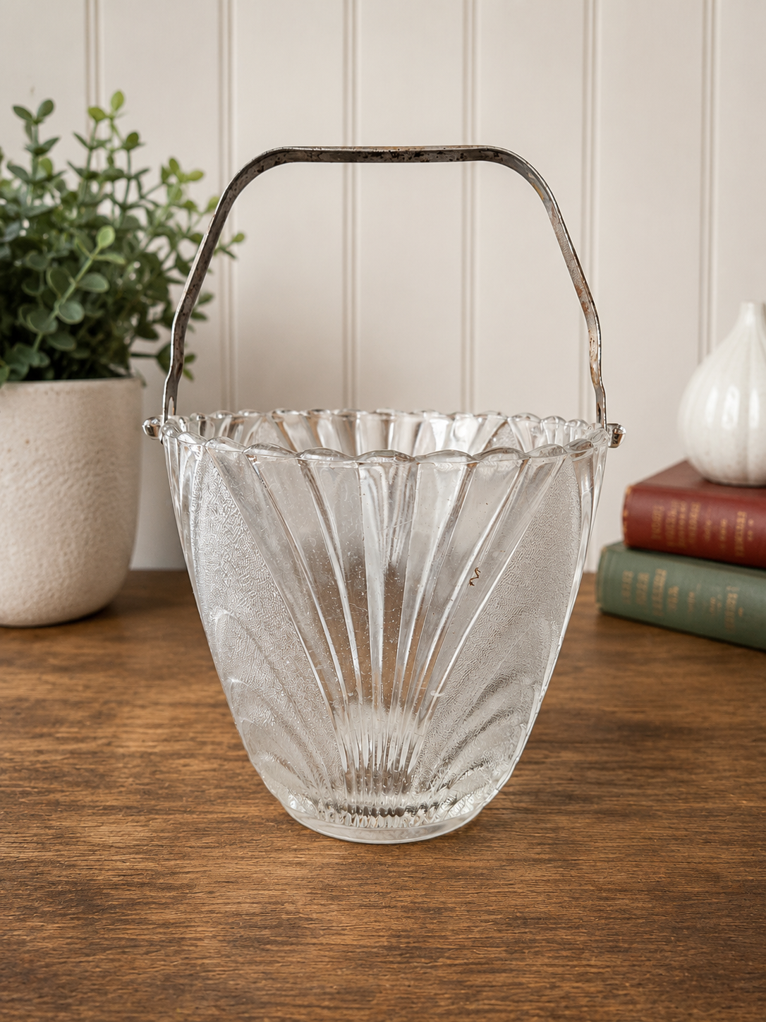 Vintage Pressed Glass Ice Bucket with Metal Handle