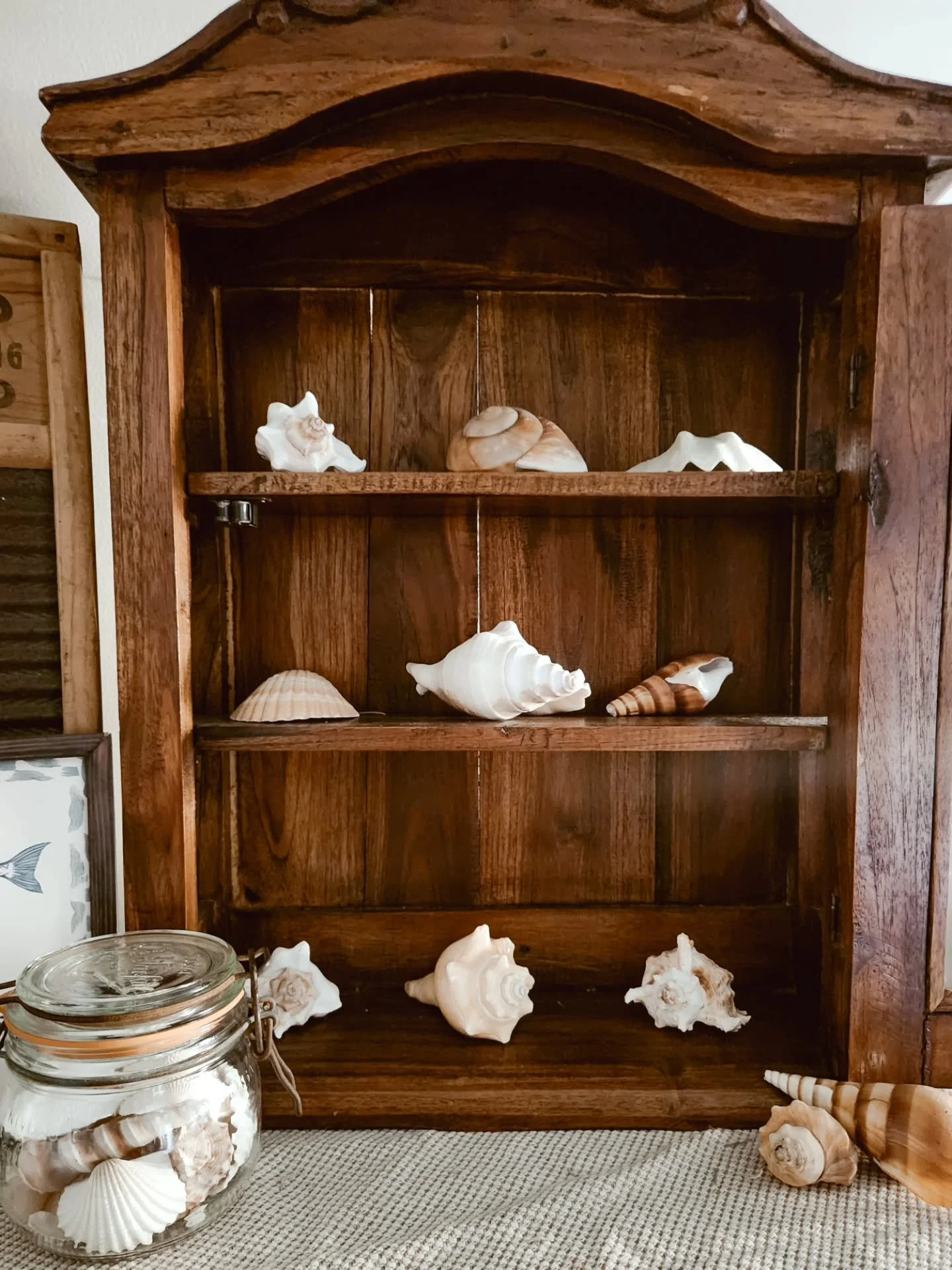 A little corner of the cottage turned coastal.

I found this vintage cabinet while thrifting and filled it with shells collected over time, little reminders of beach days, salty air, and summers that feel slow in the best way. Nothing complicated, ju