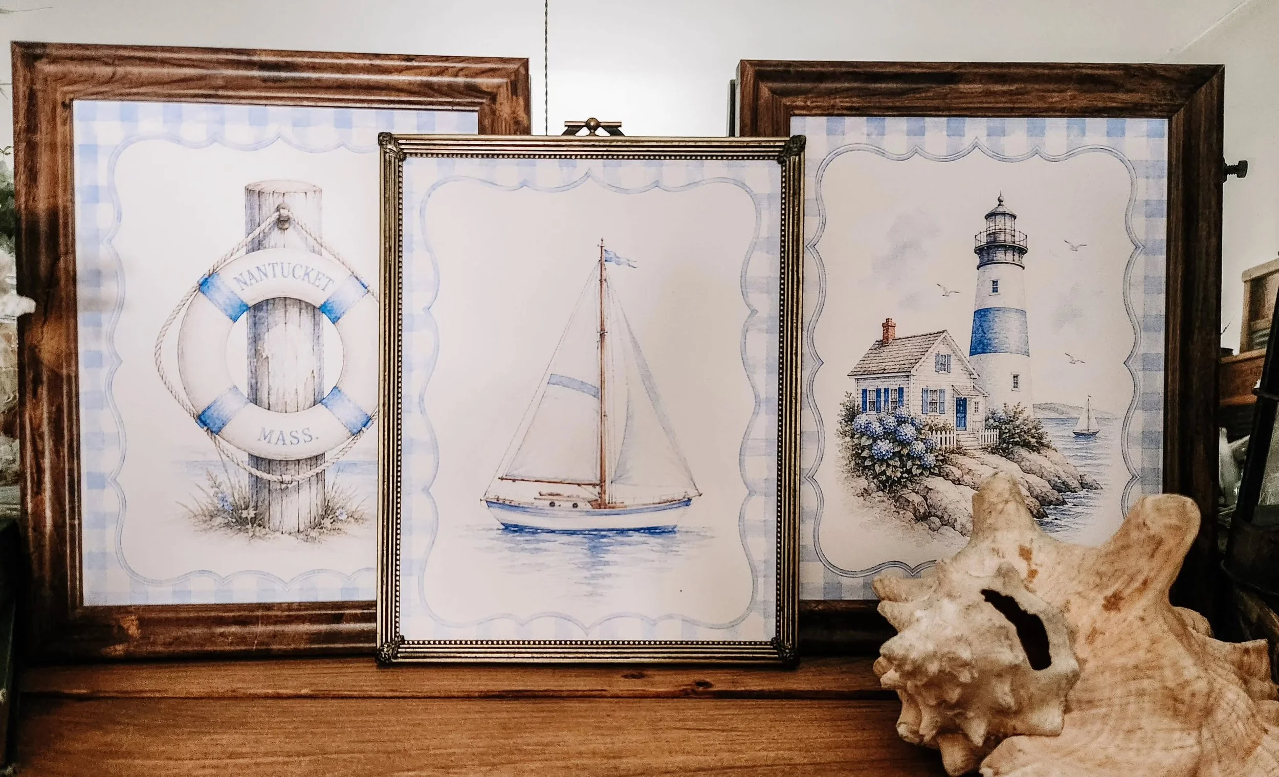 Some homes seem to wear summer effortlessly.

Blue hydrangeas blooming by the shore. Weathered lighthouses standing watch. Sailboats drifting across calm water.

These watercolor coastal printables were inspired by the charm of a Nantucket summer and