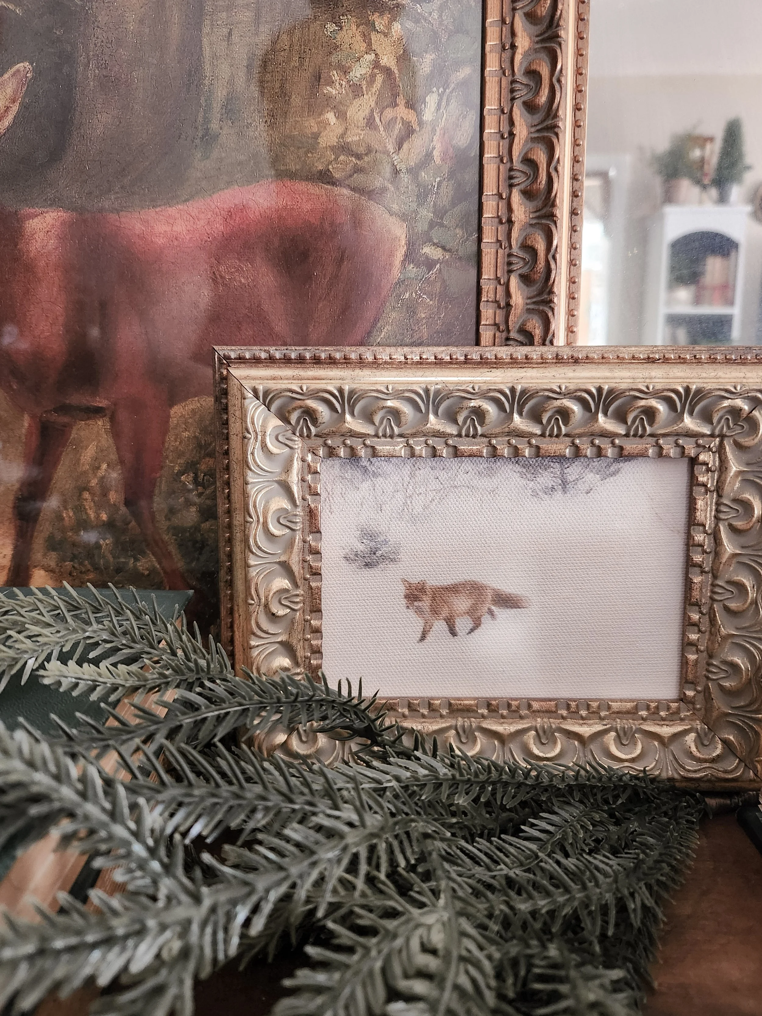 Fox in Winter Framed Antique Canvas