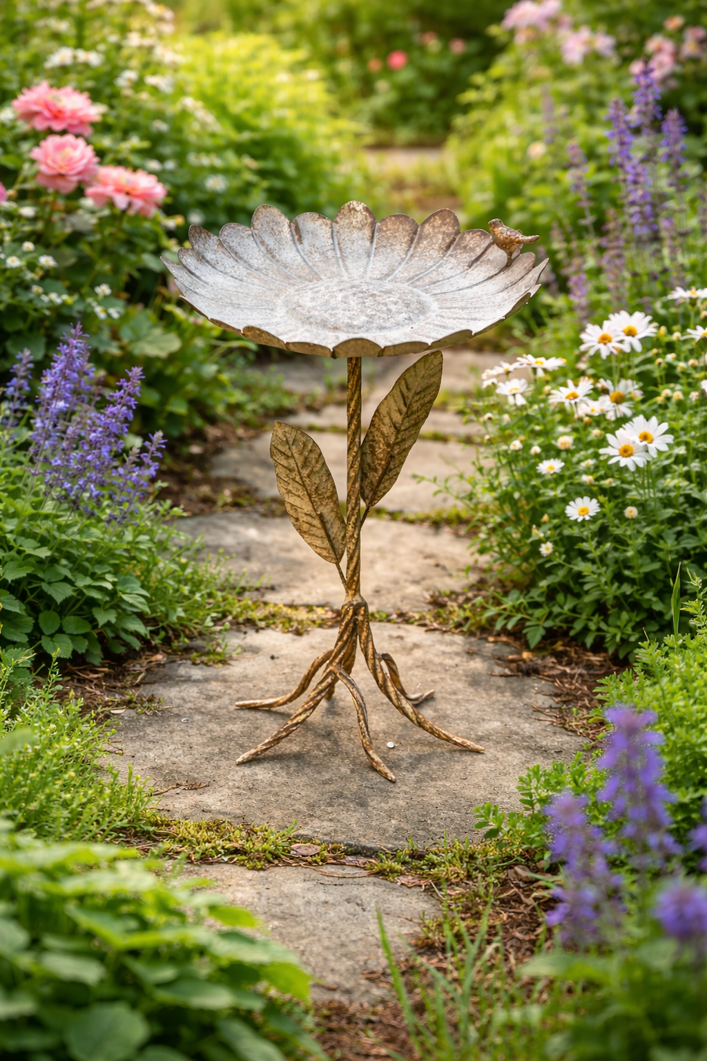 Aged Flower Birdbath (16.75”)