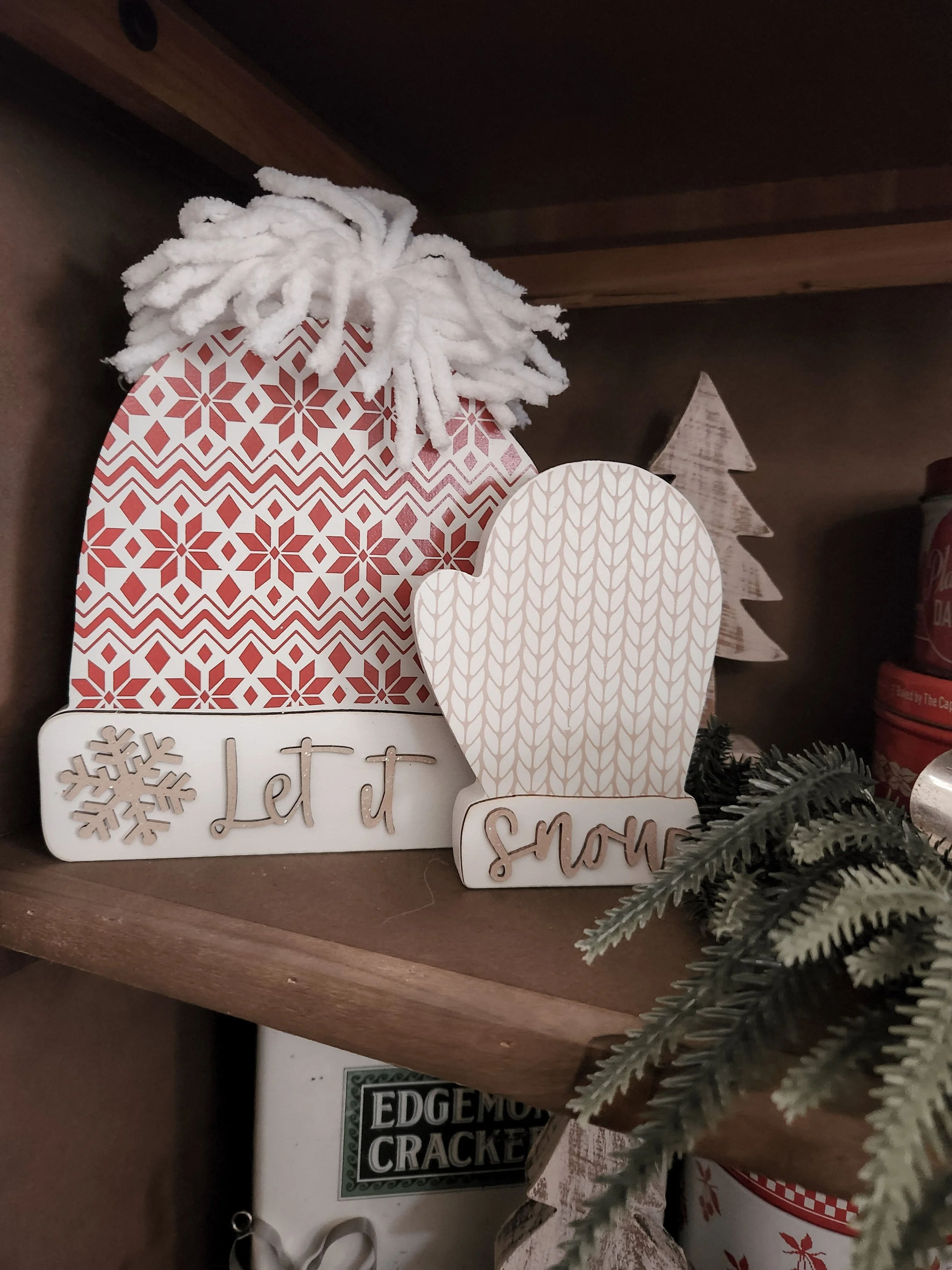 Let It Snow Wooden Hat & Mitten Sitters – Set of 2