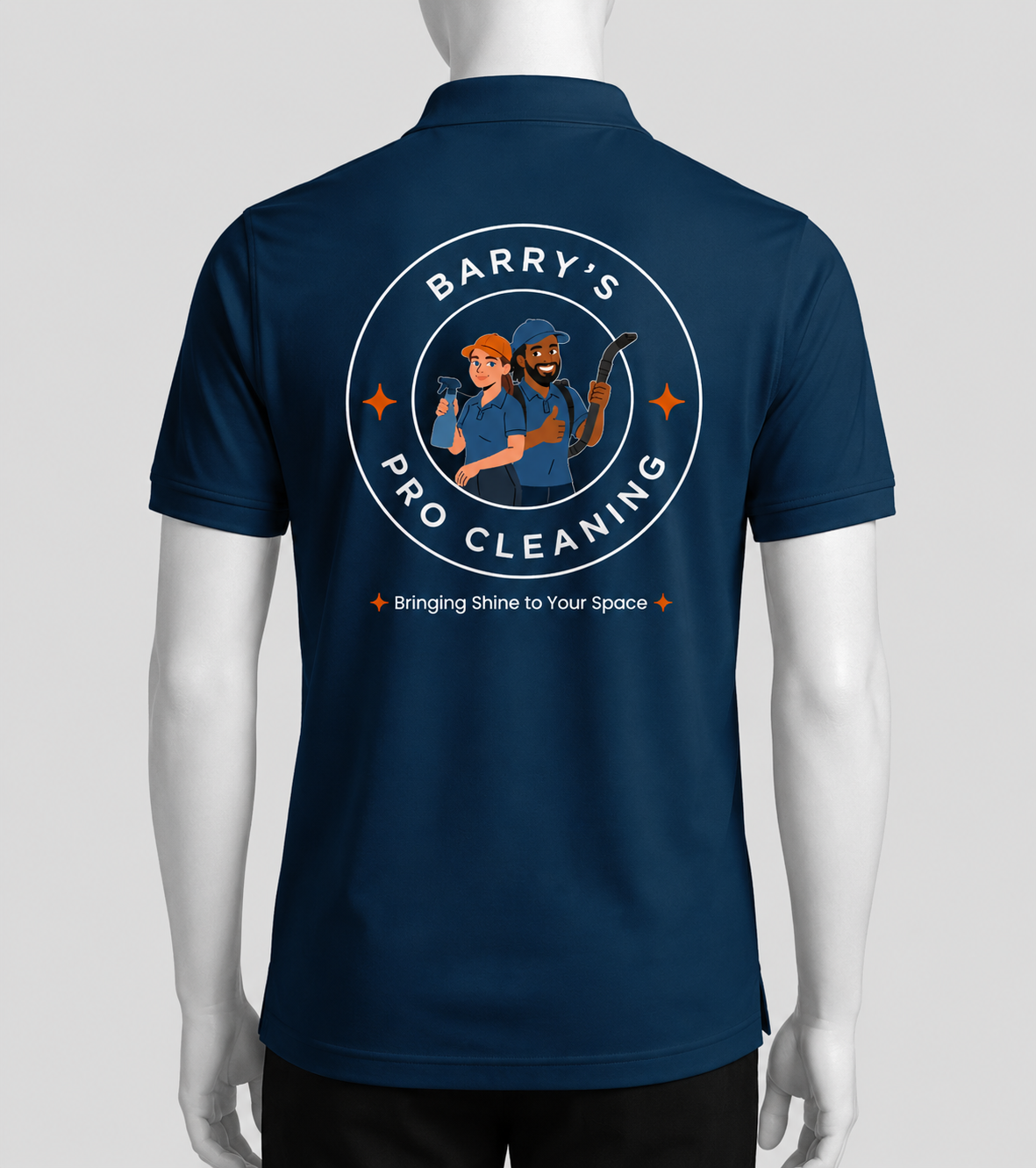 Back view of a mannequin wearing a navy blue polo shirt with a logo for 'Barry's Pro Cleaning.' The logo features cartoon characters of a woman with a spray bottle and a man with a vacuum, along with the slogan 'Bringing Shine to Your Space.'