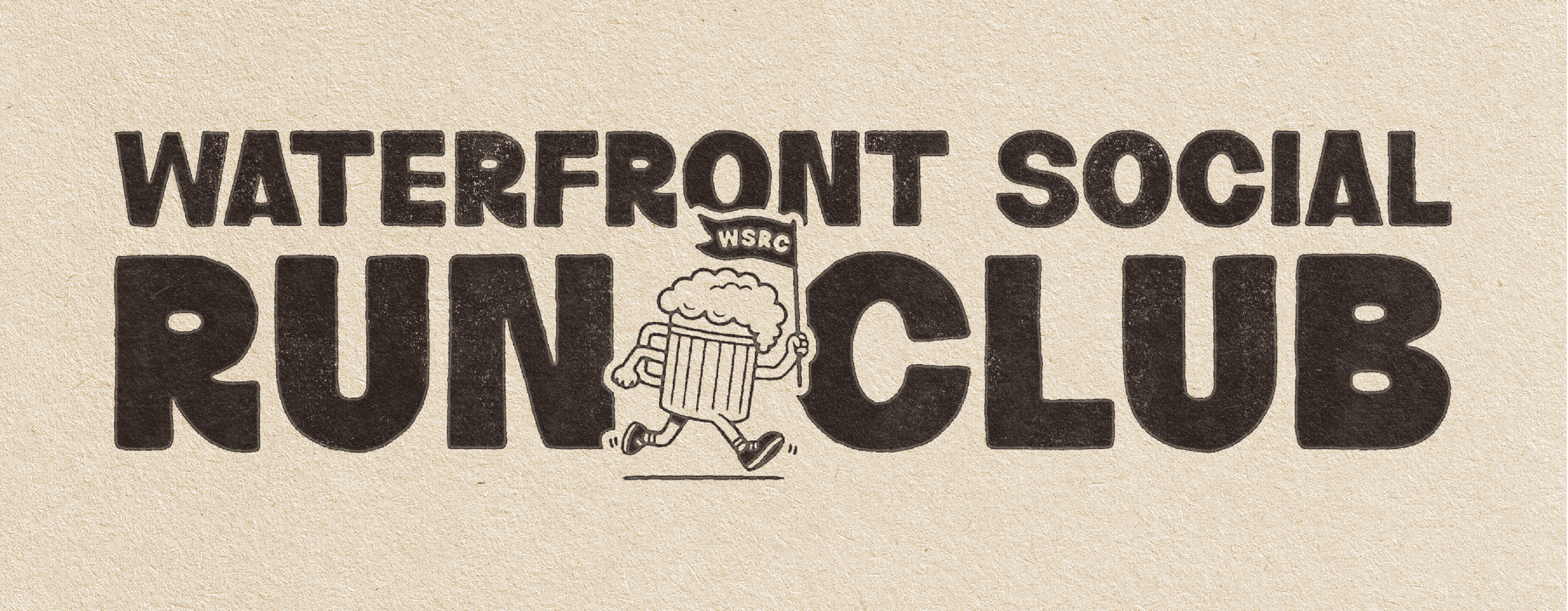 Text reading "Waterfront Social Punk Club" with a cartoon character of a beer mug walking and holding a flag with the letters WSRC.