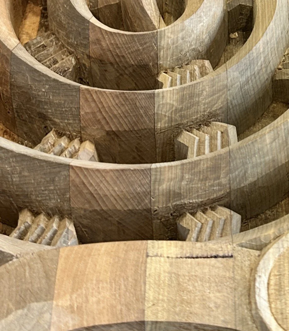 Close up of a glulam timber structure.