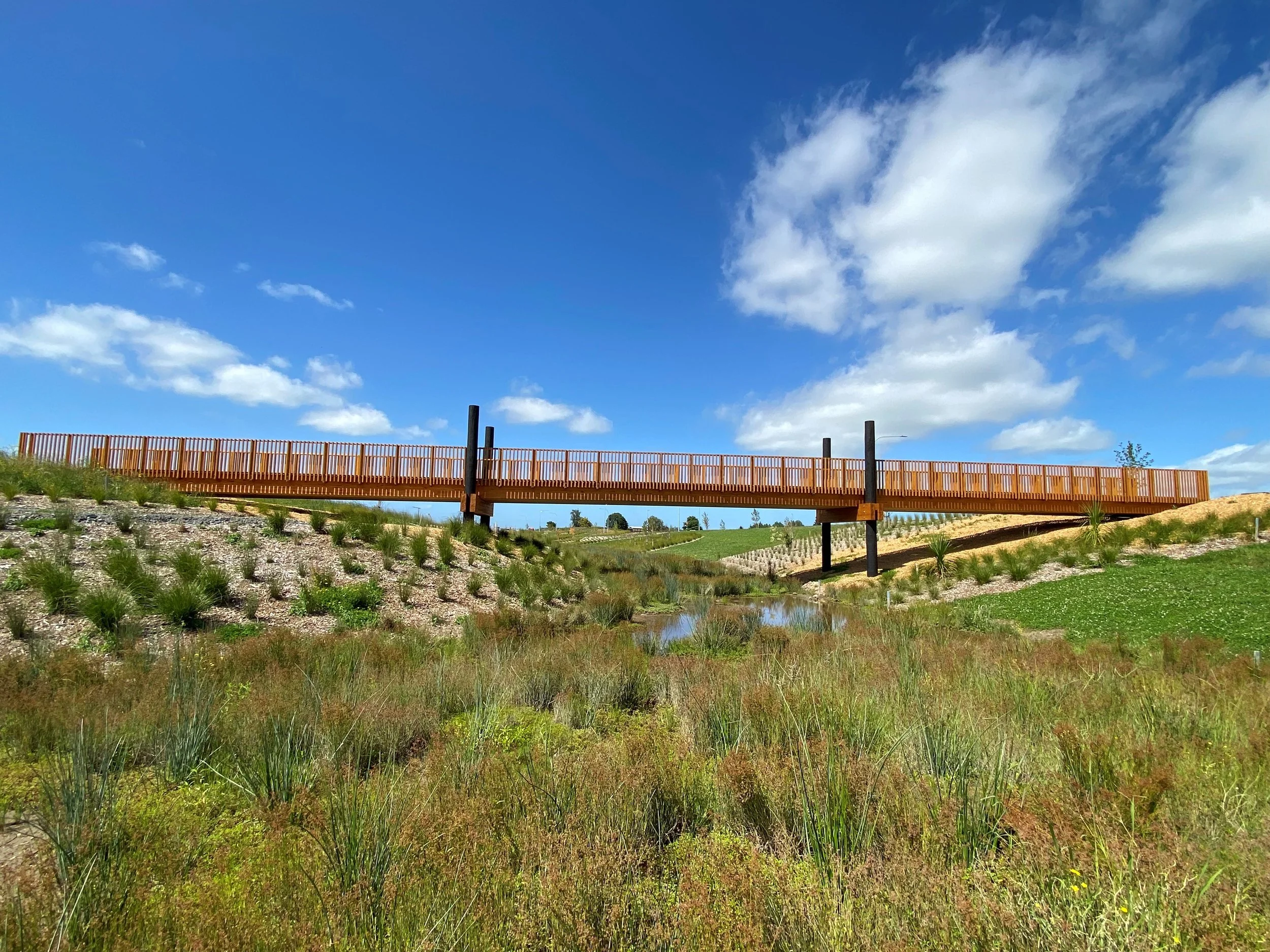 Custom made glulam timber bridge at Bridleways Estate in New Zealand.