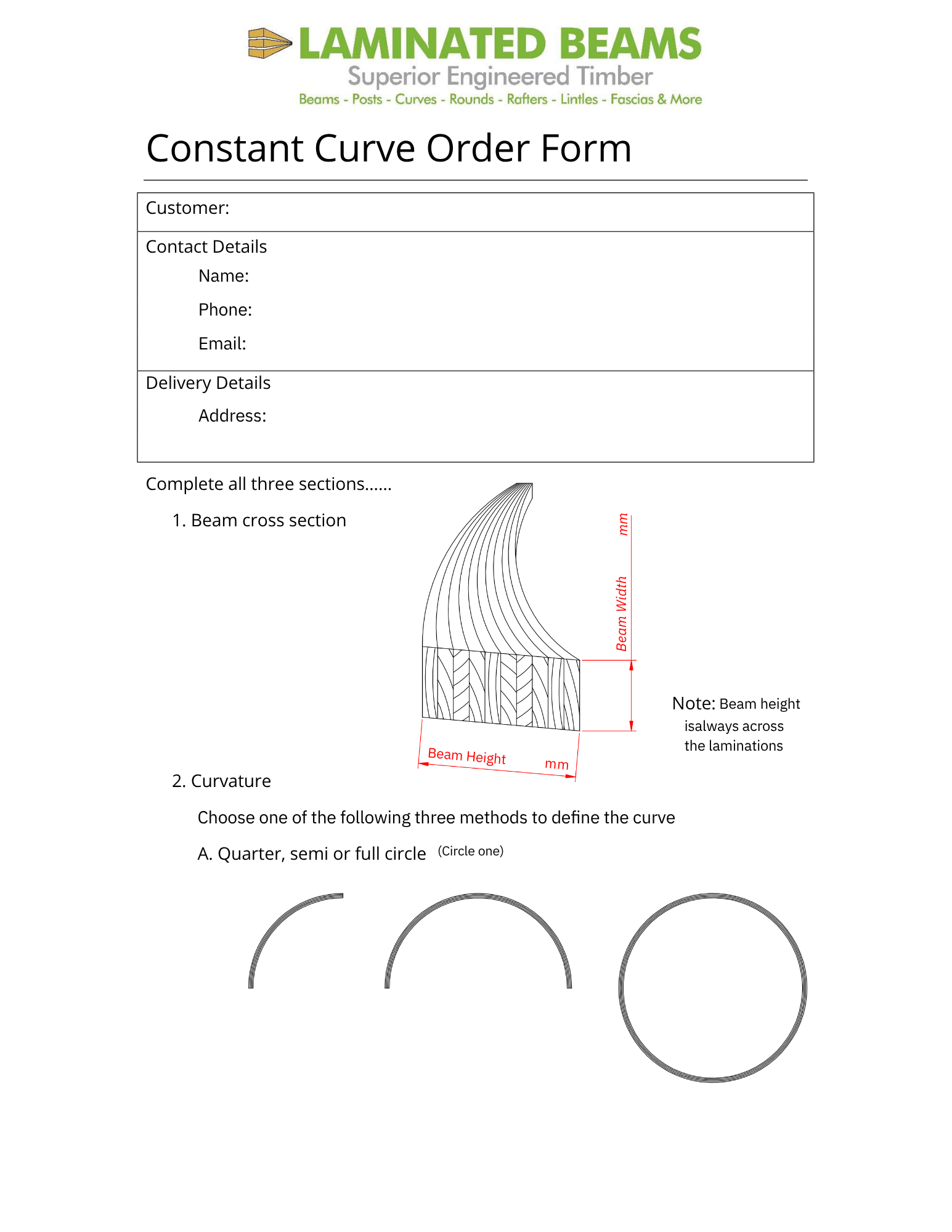 A technical form titled 'Constant Curve Order Form' with sections for customer information and delivery details, showing an illustration of a laminated timber beam with red measurements for beam width and height, and options for defining the curve diameter.